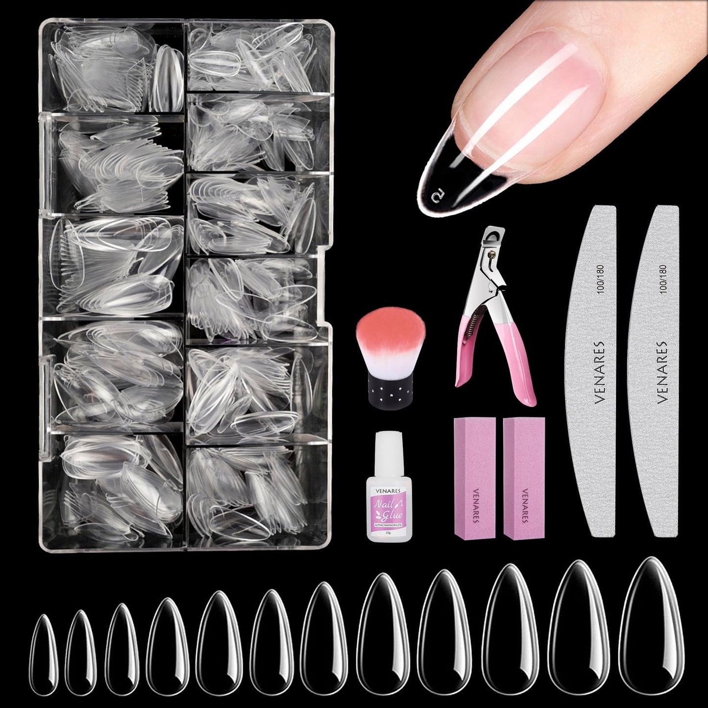 Venares Almond Nail Tips for Gel Extensions, 500Pcs Soft Gel Nail Tips Kit with Glue, Files, Buffer, Brush, Cutter, Storage Box