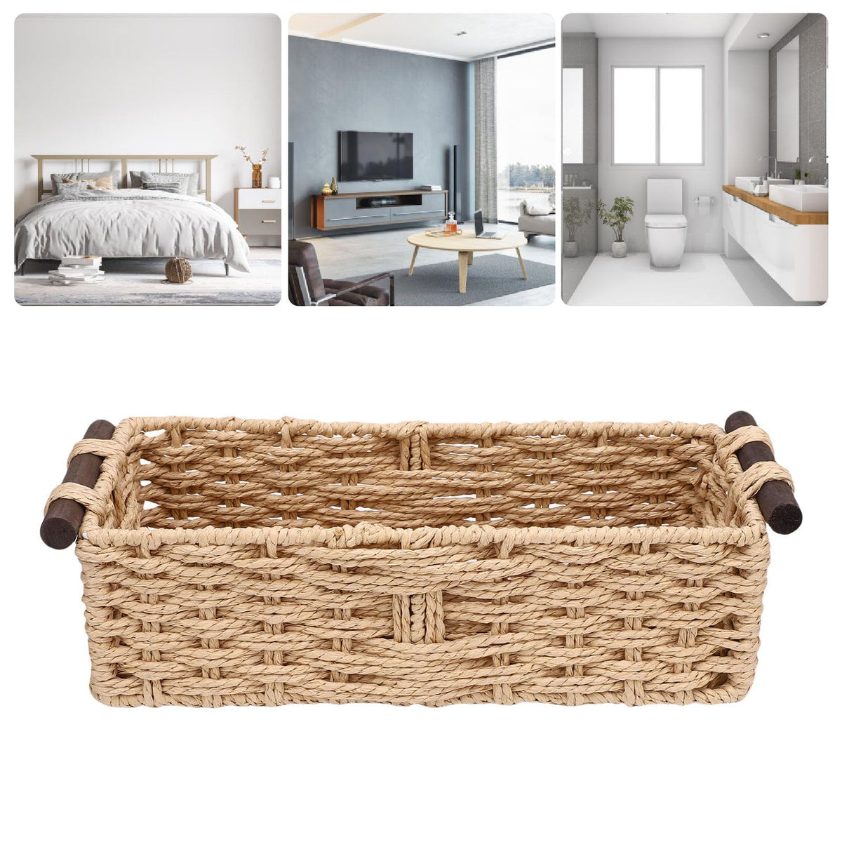 YUEHISY Toilet Paper Basket, Paper Rope Storage Bin with Wooden Handles, Bedroom Shelves and Countertop, Ideal Present for Friends or Family