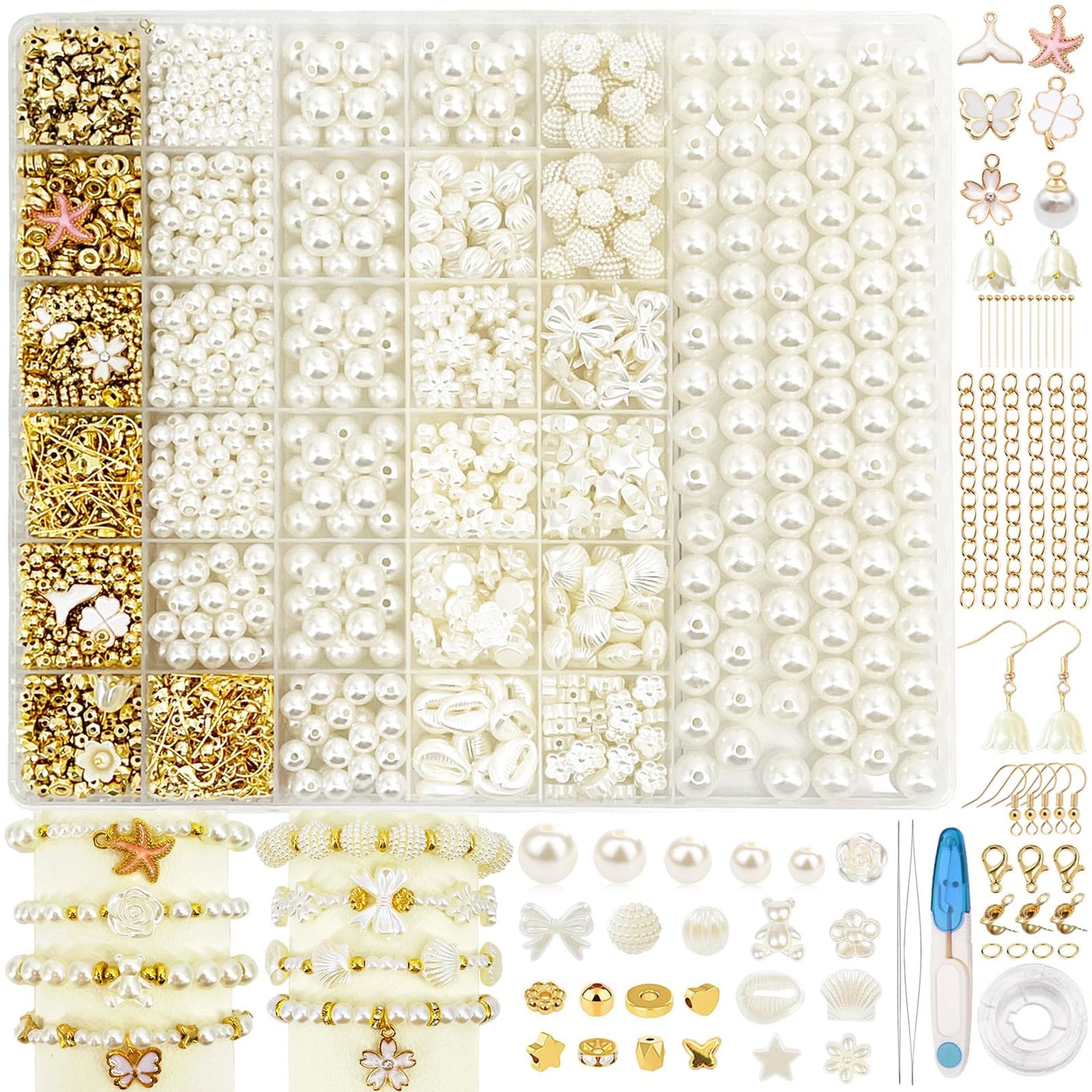KAOHONG 1600+ Pcs Bracelet Jewellery Making Kit Pearl Beads Ivory White Crystal Wire Ornament DIY Craft Kits for Kids ?