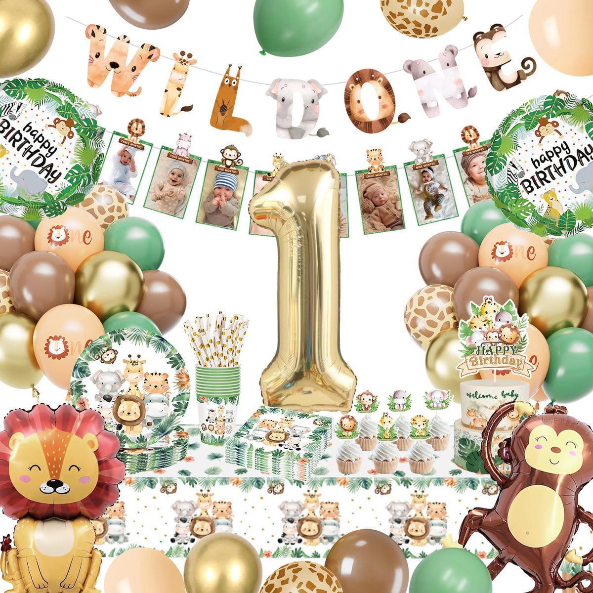 Wild One Birthday Decorations, 1st Birthday Decorations for Boys Girls, Safari Jungle Theme Party Decorations With Balloons, Paper Plates, Cups,