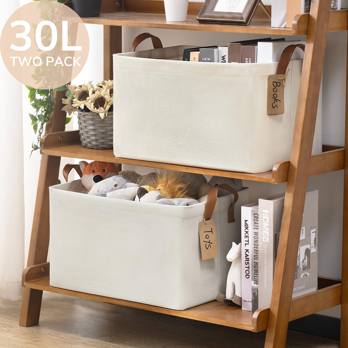 TIMEYARD Large Foldable Fabric Storage Baskets Shelf Bins Beige 2-Pack