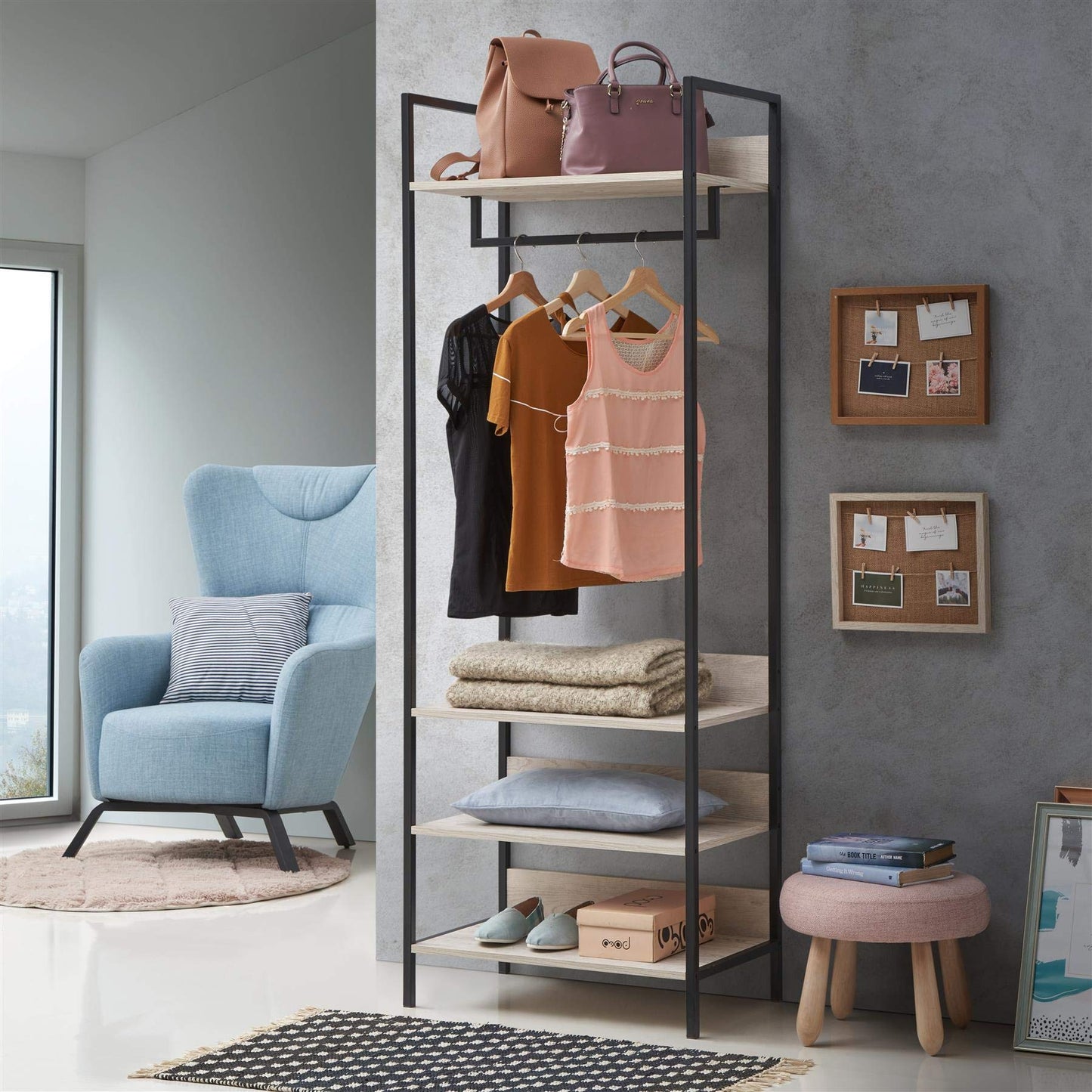 Timber Art Design UK Zahra Double Open Wardrobe with 4 Shelves & Hanging Rail Modern Furniture Storage Organizer Bedroom, Living Room,Ash Oak Effect -