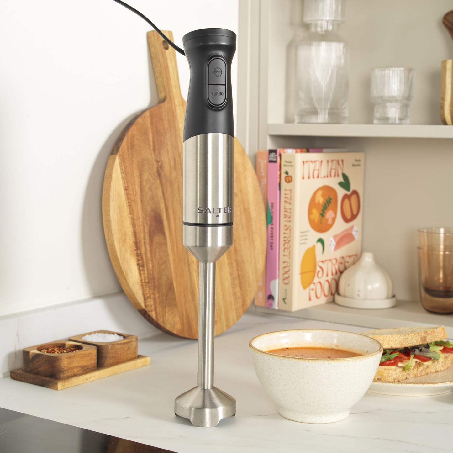 Salter EK5877 5 in 1 Blend & Prep Compact Food Chopper with 1.2L BPA-Free Bowl, Immersion Stick Blender with 2 Speed Settings, Chop, Slice, Shred,