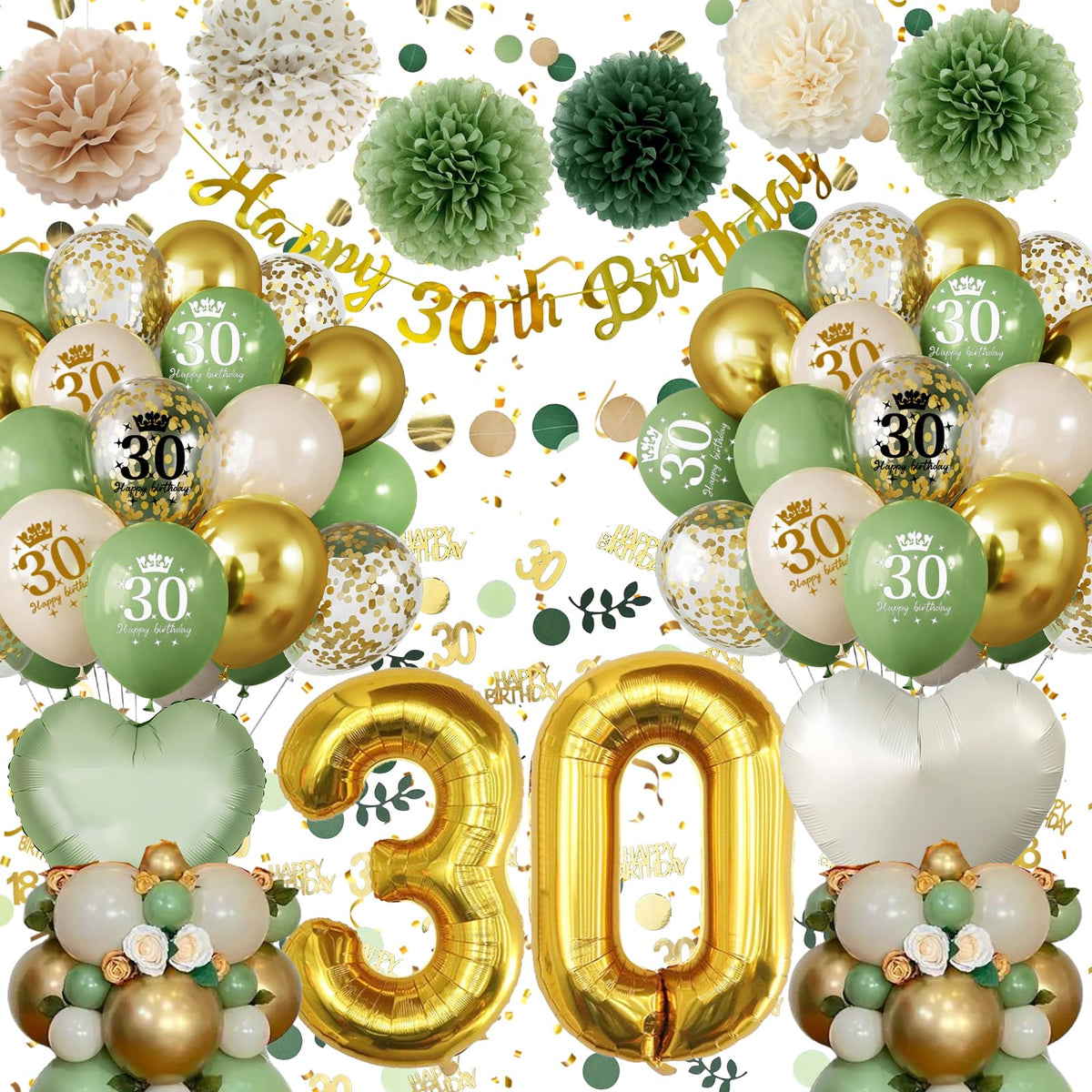 30th Birthday Decoration for Women Men, Green Gold Birthday Balloons Decorations with 30th Banner, Number 30 Foil Balloon for Party Decorations
