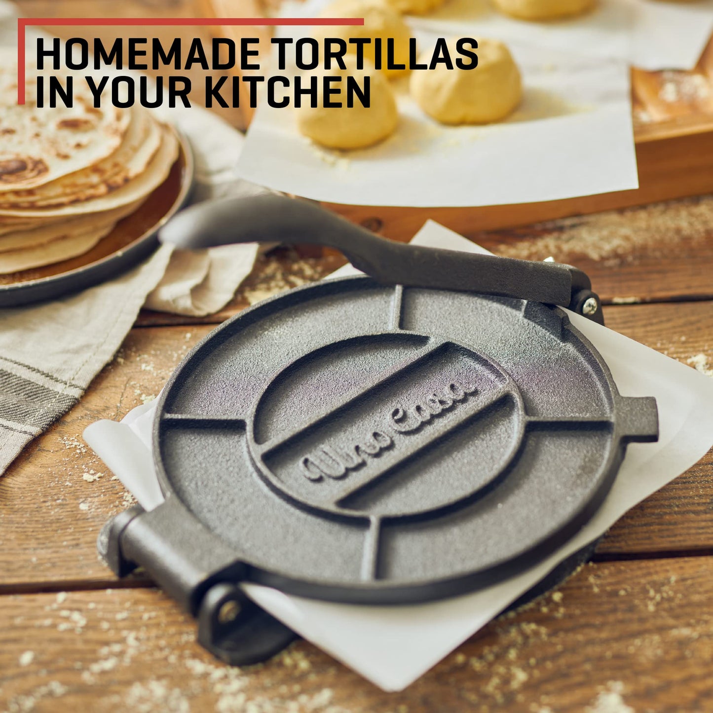 Uno Casa Tortilla Press Cast Iron - 8 Inch, Pre-Seasoned Tortilla Maker with 100 Pcs Parchment Paper - Roti Maker Chapati Machine, Taco Press Cast