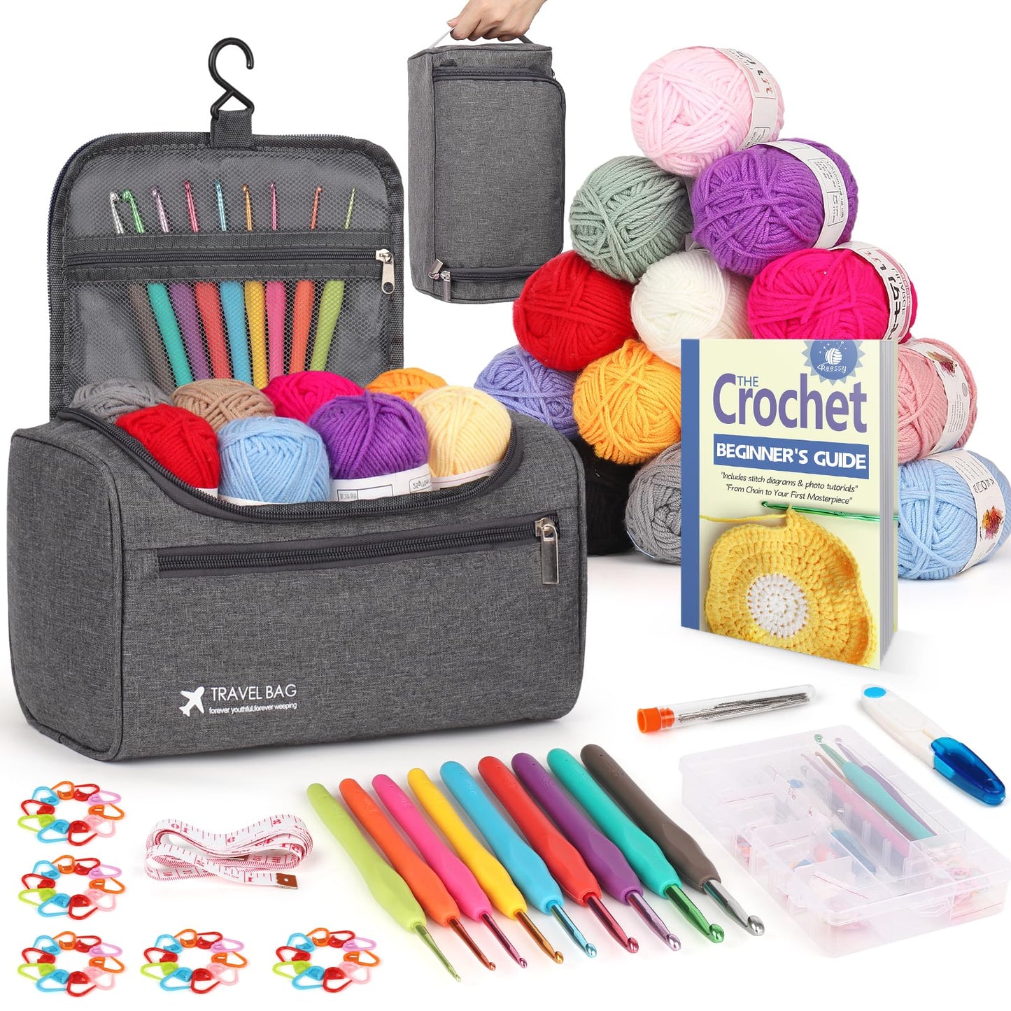 Reessy Crochet Kits for Beginners Adults, 88 PCS Crochet Kit include Instructions Crochet Hooks 15Pcs ? 25g Yarn Storage Bag and Knitting Accessories,