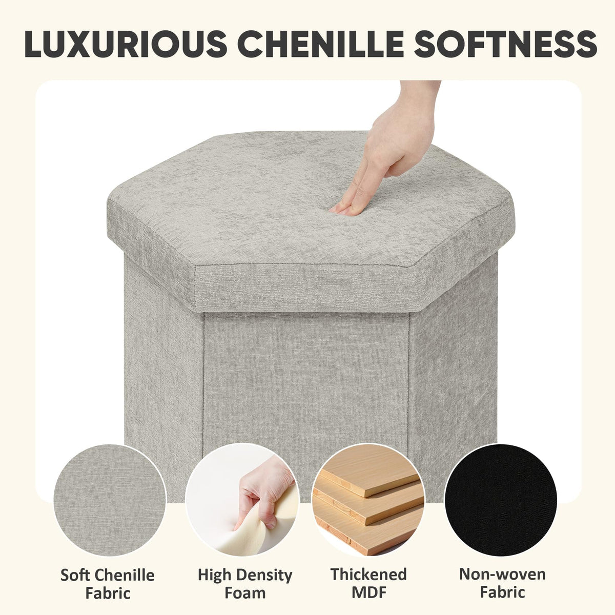 PINPLUS Chenille Ottoman Storage Box, Hexagonal Folding Stool, Silver Grey