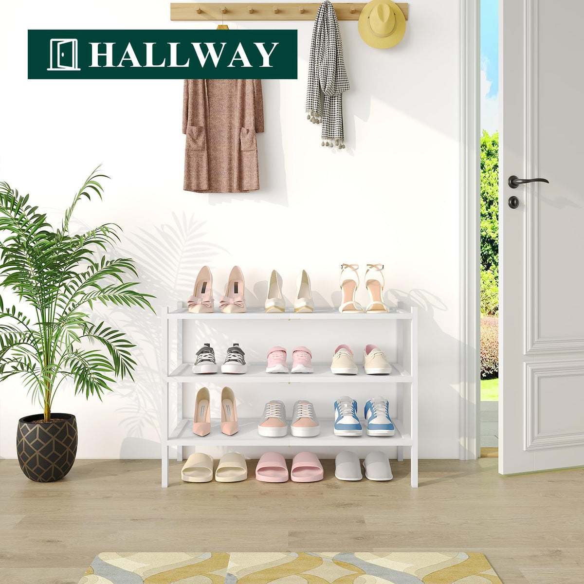 smiry Bamboo Shoe Rack, 3 Tier Shoe Organizer for Entryway & Living Room, Stackable Free Standing Storage Shelf for Shoes, Bags & Plants, White