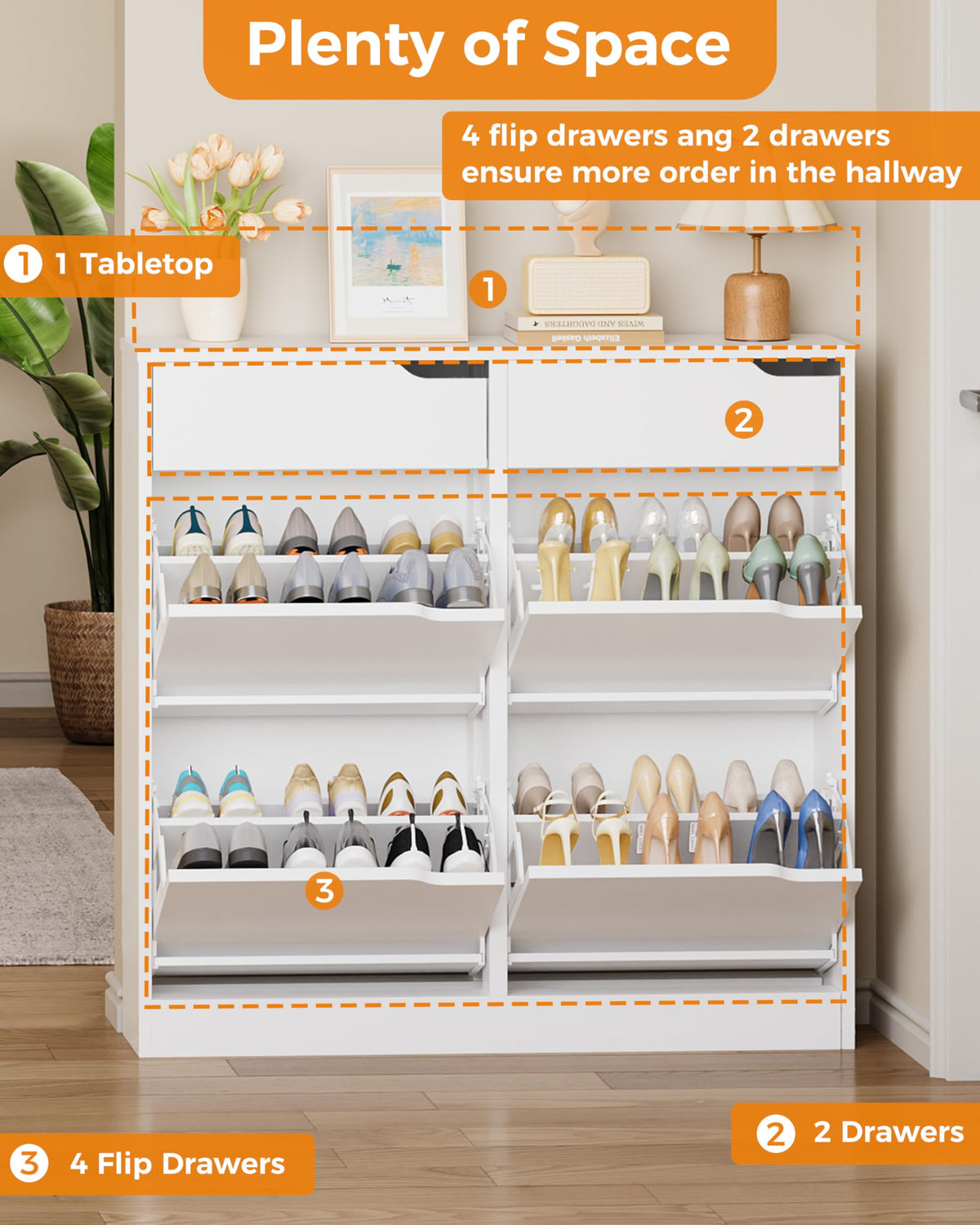 IRONCK Shoe Cabinet with 4 Flip Drawers & 2 Drawers, Freestanding Shoe Rack Cabinet, Shoes Storage Cabinet with Adjustable Shelves
