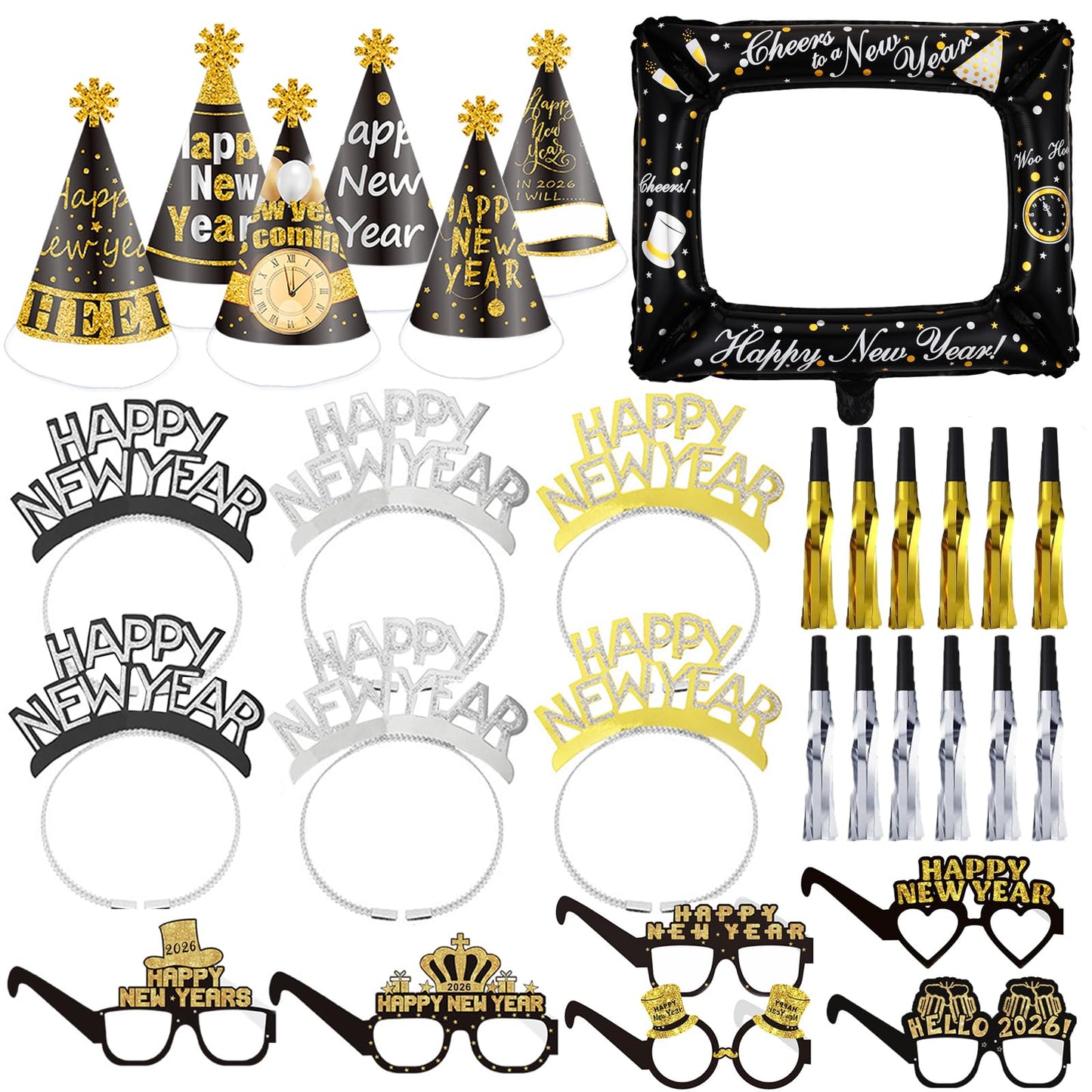 New Years Eve Decorations 2026 Party Accessories,Happy New Year Party Hats,Happy New Year Headband,Photo Booth Props,Paper Eyeglasses,Partyy