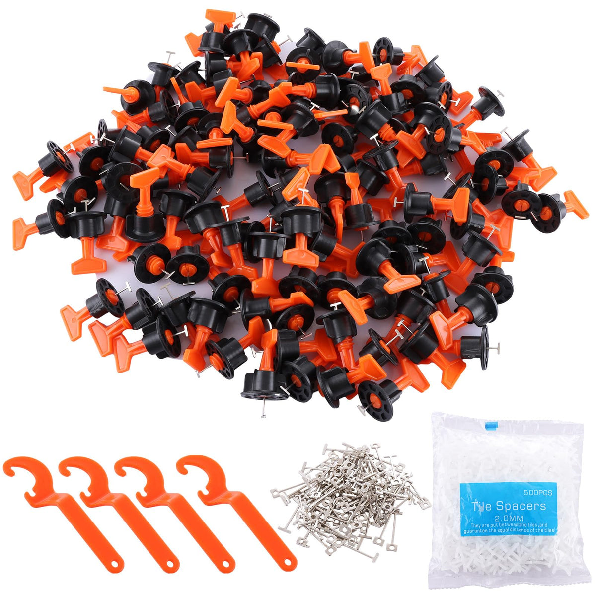 LOLYSIC Tile Leveling System, 200Pcs Tile Leveler Spacers with 4 Special Wrench, 500Pcs 2mm (1/12") Spacers, 100Pcs T Needles, Tiles Installation Tool