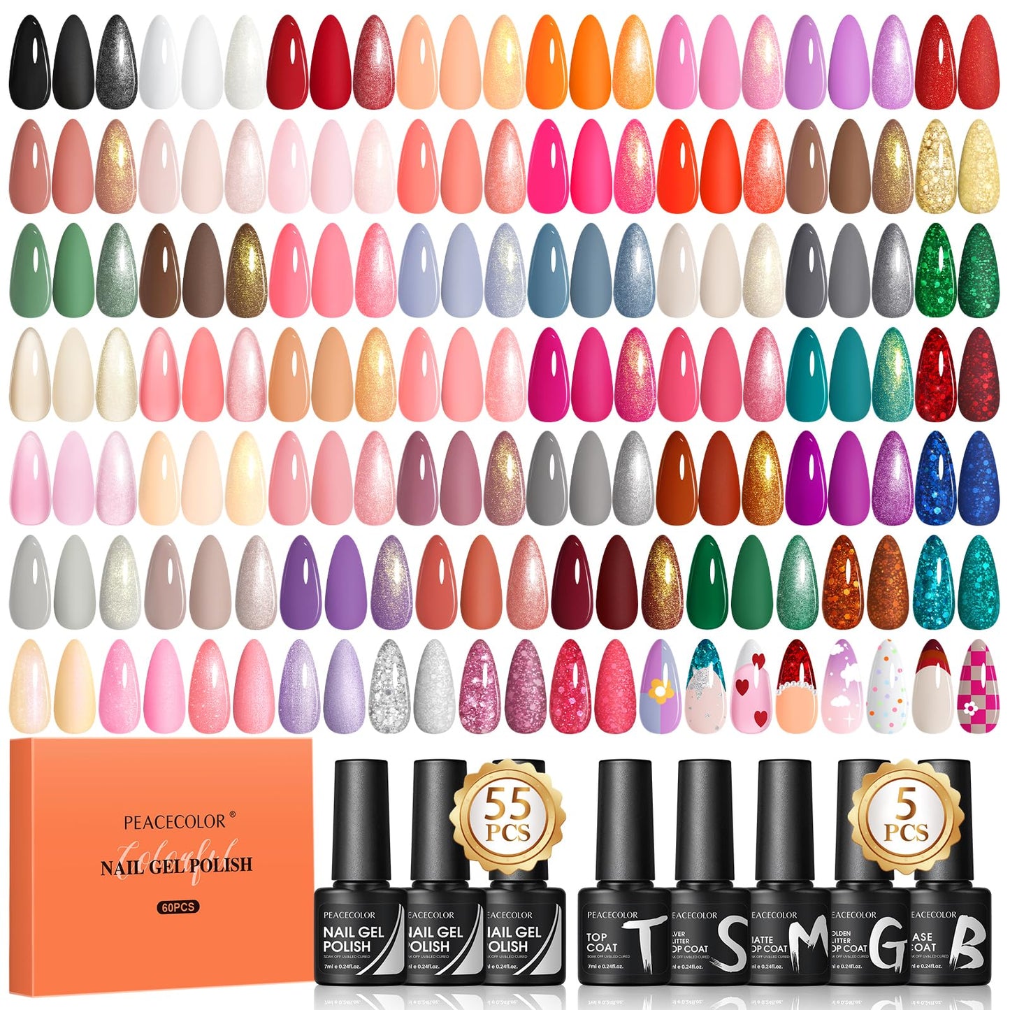 Peacecolor 60PCs Gel Nail Polish Set 55 Autumn Winter Colors Brown Pink Red Gel Polish with 5Pcs Glossy/Matte/Glitter Top Base Coat Soak Off Long