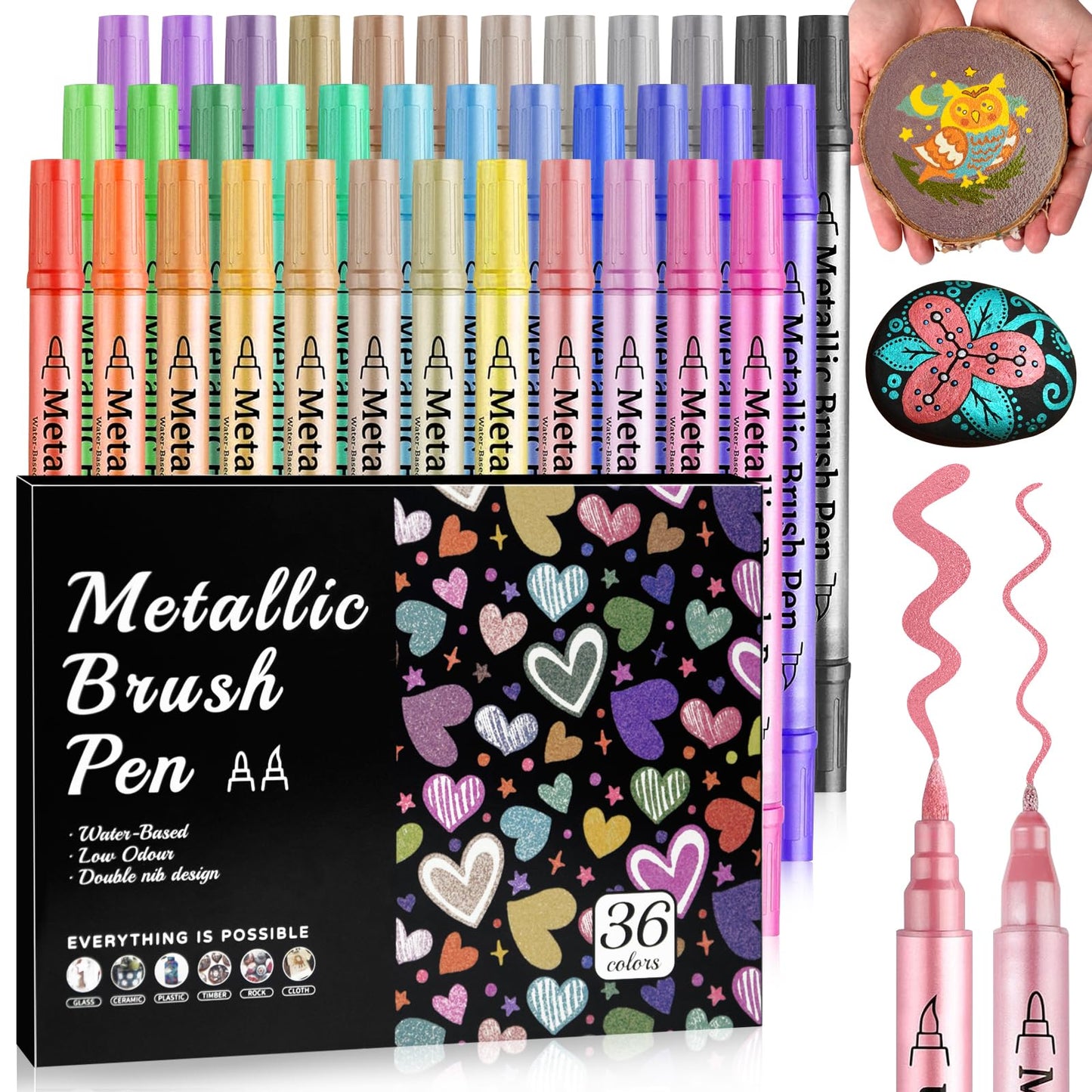 WOGOPRO Metallic Acrylic Paint Pens, 36 Colours Dual Tip Metallic Marker Pens, Acrylic Pen for Rock Painting, Ceramic, Wood, Fabric, Black Paper, Art