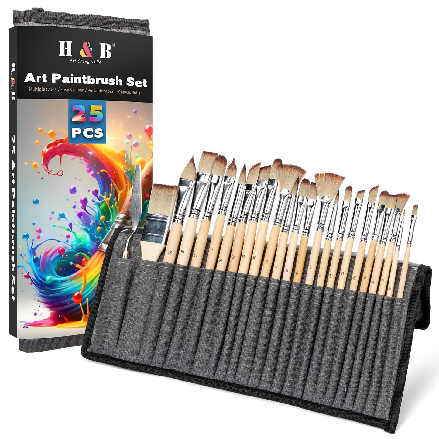 H&B 25pcs Professional Paint Brushes Set for Acrylic, Oil, Watercolor - Synthetic Hair Artist Brushes with Fine Detailing - Canvas, Wood, Ceramics Kit