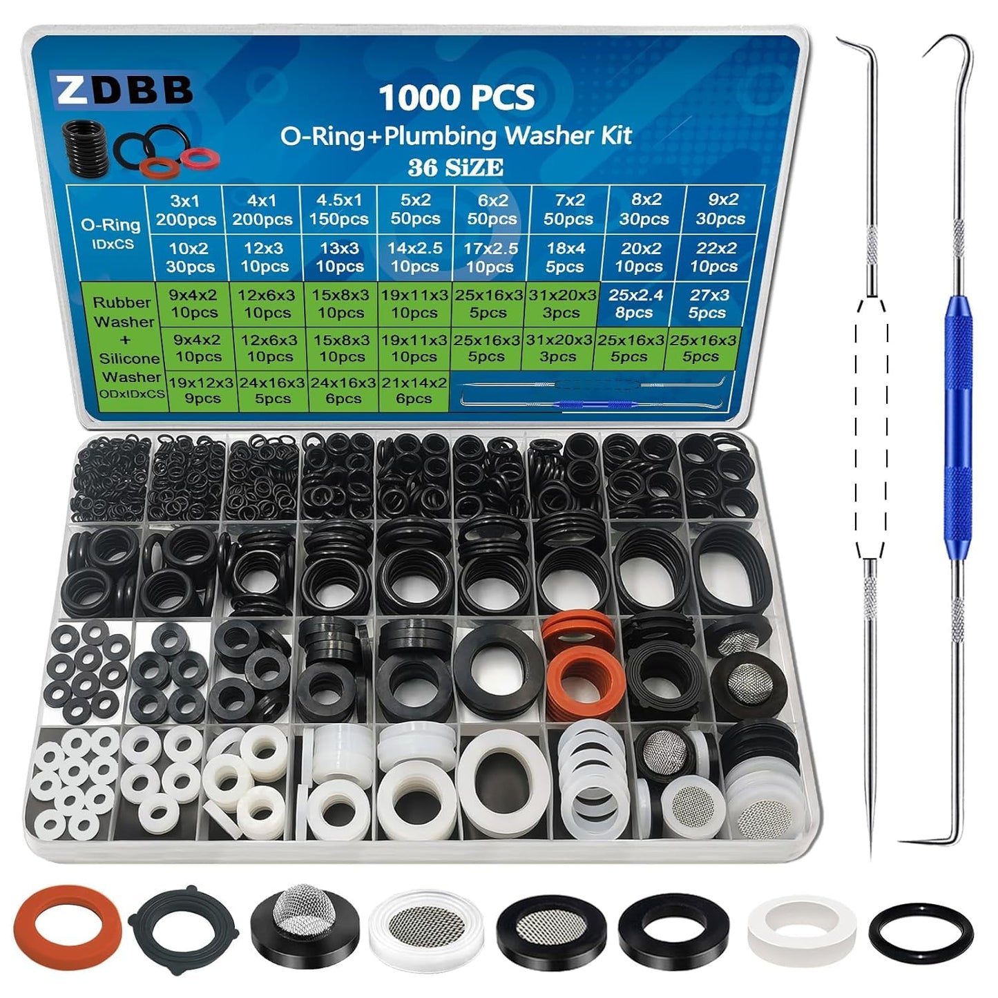 ZDBB 1000 Pcs 18 Size O Ring Kit+18 Size Rubber Washers Assortment Kit for Plumbing Faucet Water Pipe Garden Hose Washers Shower Heads Gasket Repair