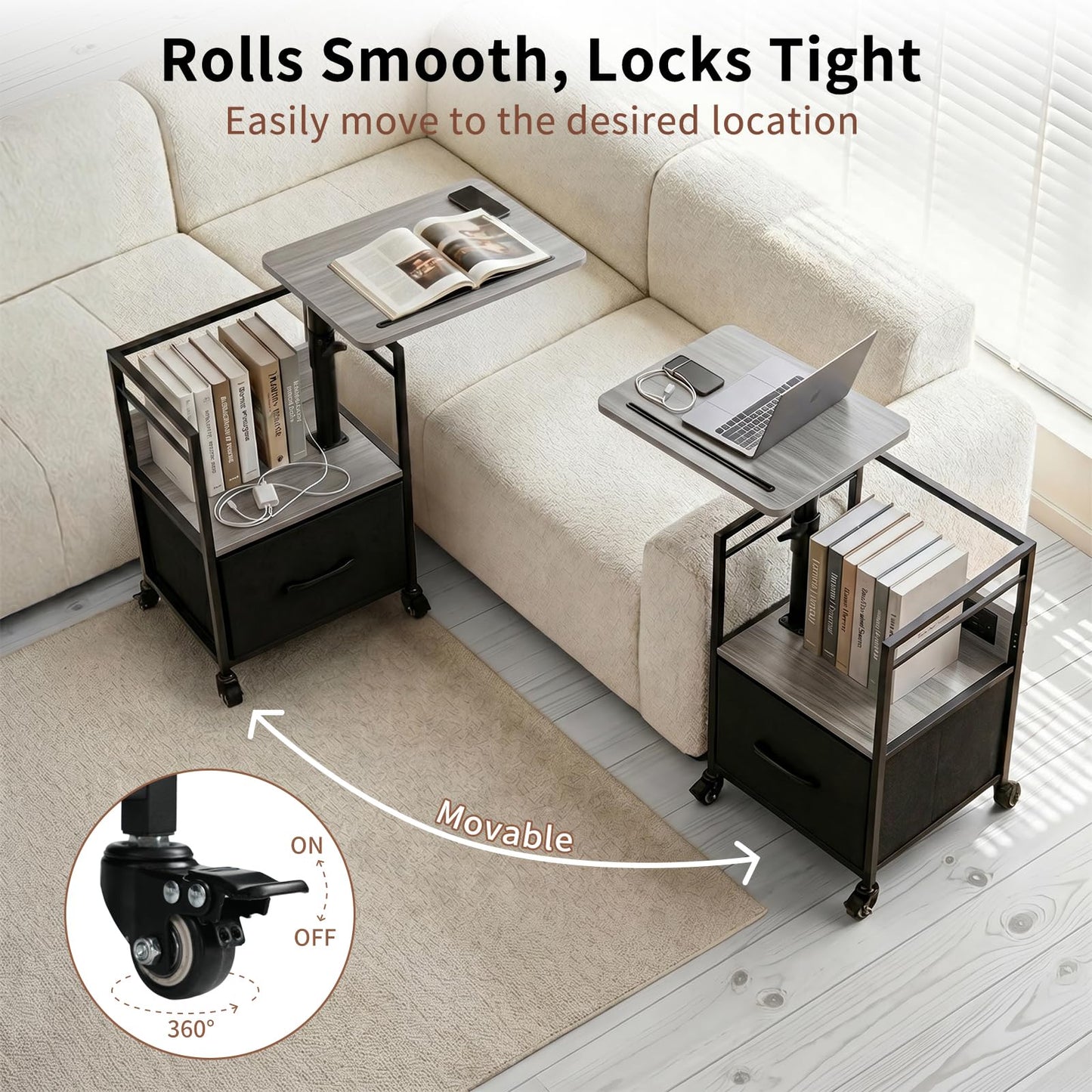 Bedside Table with Charging Station, Narrow Side Table on Wheels with Adjustable Swivel Top, Large Drawer Storage and 360° Rotating Tabletop