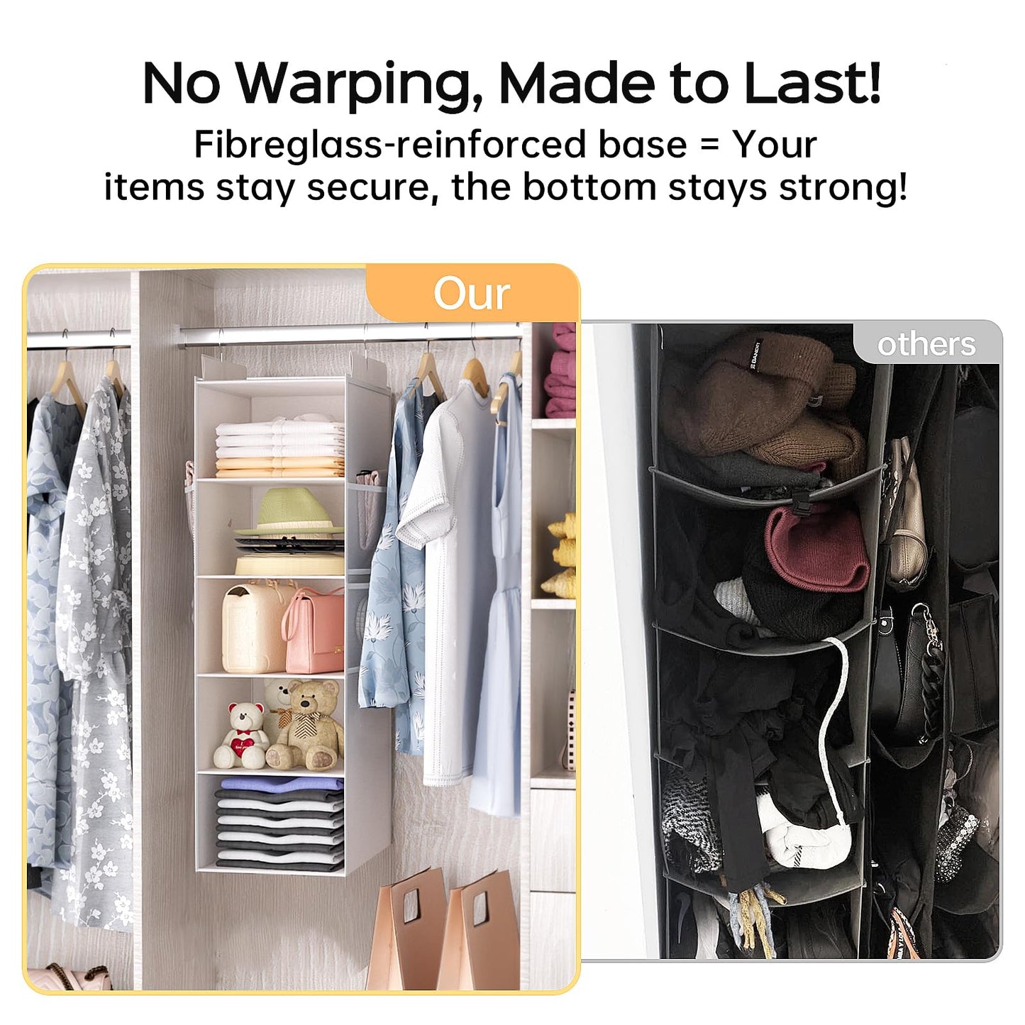 ALLTIDYUP Extra Deep Hanging Wardrobe Organizer – 5-Shelf Closet Storage with Large Mesh Pockets, Heavy-Duty Clothes Organizer, Perfect for Dorms