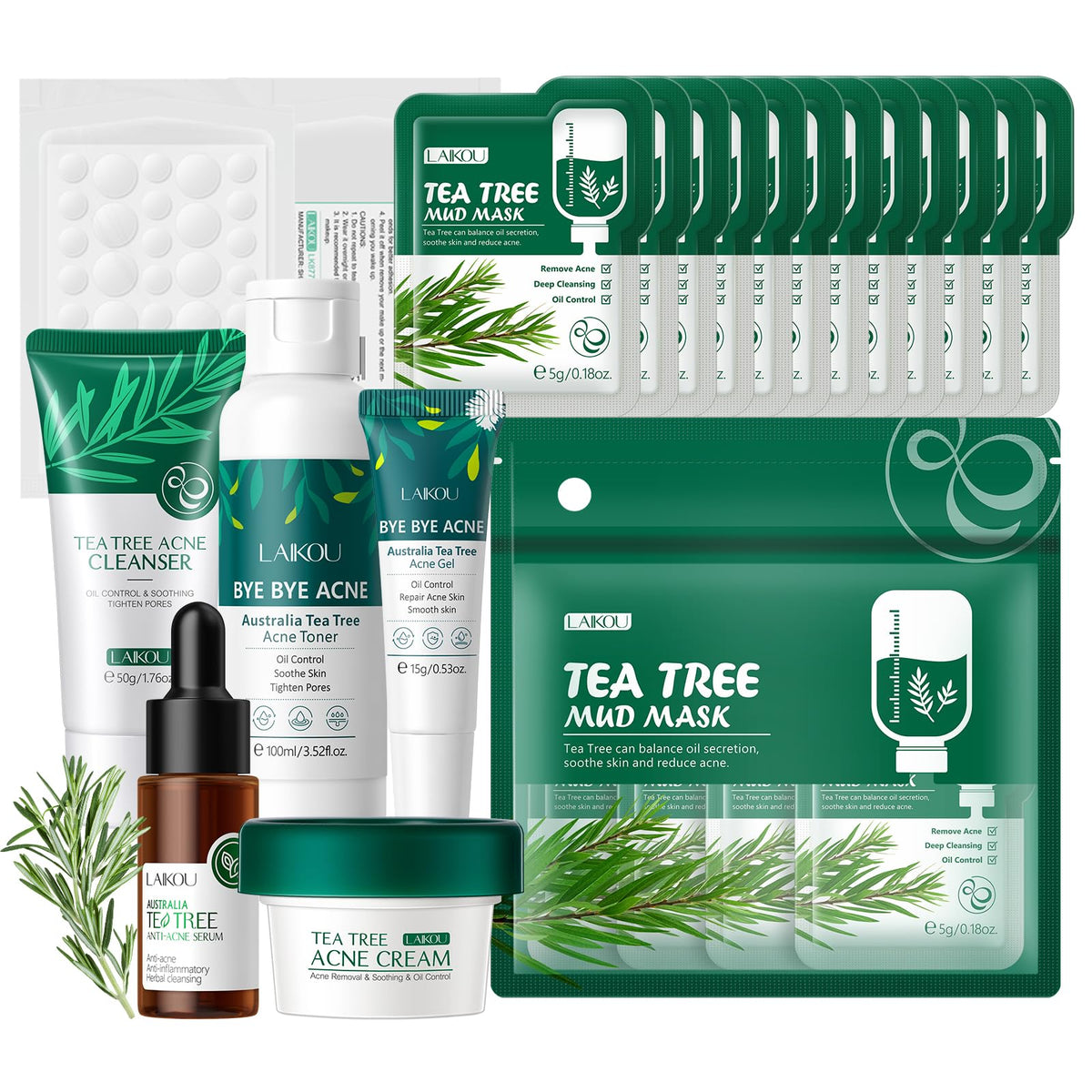 LAIKOU Tea Tree Skincare Set , Anti-Acne Face Care Kit with Cleanser, Toner, Serum, Spot Gel, Cream, Mud Mask & Pimple Patches, Oil Control & Soothing