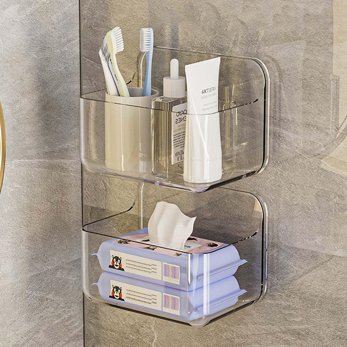 DEARBAG 2 Pack Transparent Shower Storage Rack Bathroom Storage Rack Punch-Free Self-Adhesive Wall-Mounted with Drainage Holes Waterproof Plastic