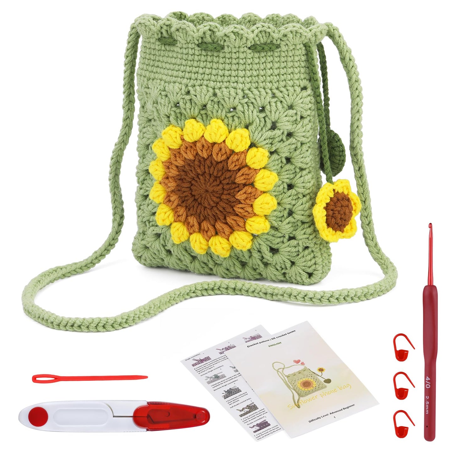 ENCHOL Beginner Crochet Kit, Sunflower Phone Bag Crochet Kit, Complete Crochet Kits for Starters Adults with Step-by-Step Video Tutorials for DIY