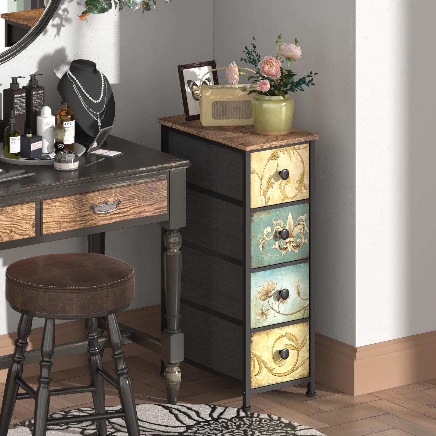 VEDECASA Chest of Drawers with 4 Fabric Drawers Narrow Dresser for Bedroom Vertical Tall Storage Tower Unit for Bathroom Kitchen Living Room Small