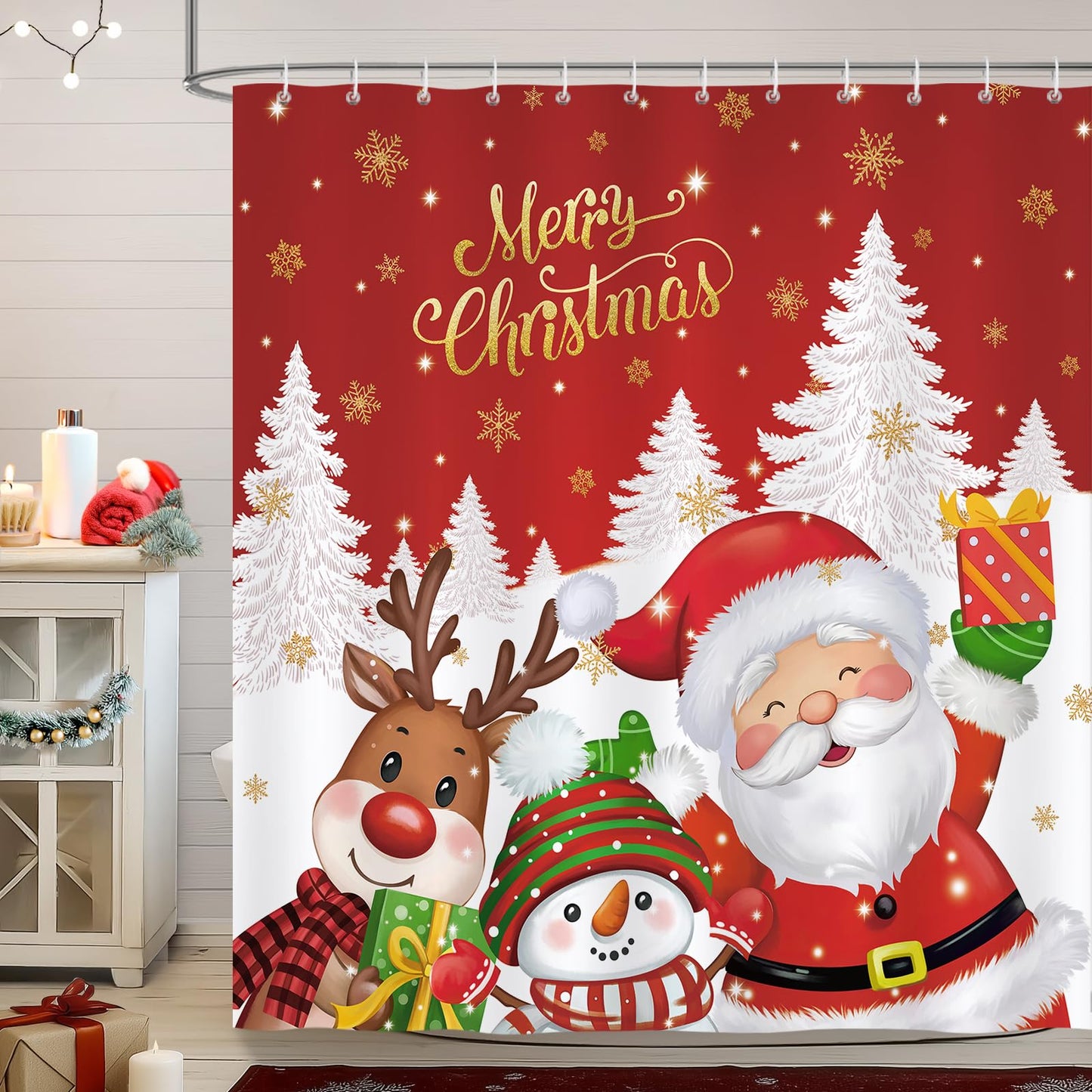 Bonhause Christmas Shower Curtain, Xmas Santa Claus Winter Snowman Reindeer Red Bathroom Curtain 180 x 180 cm Waterproof Mildew and Mould Resistant