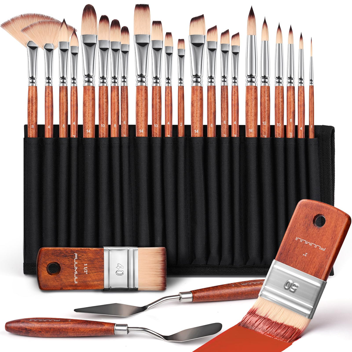 Fuumuui 26pcs Paint Brushes, Professional Acrylic Paint Brush Set Artists Complete Range of Sizes with Upgraded Short Handle Wide Flat & Palette Knife