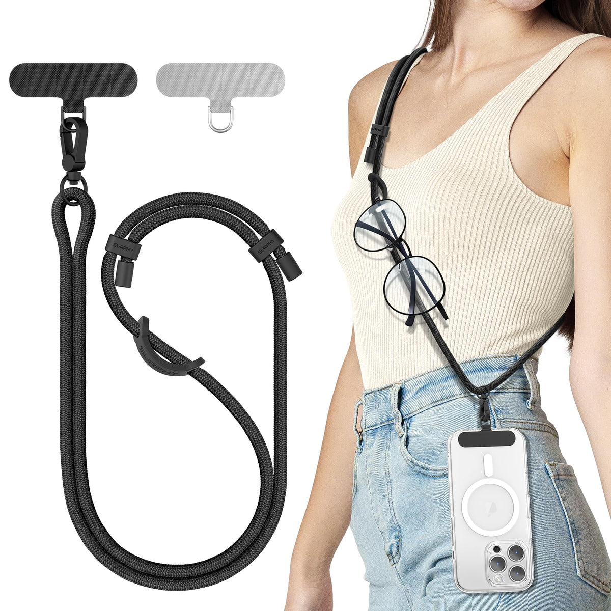 SURPHY Phone Lanyard with Patch, Adjustable Crossbody Phone Strap, Neck Phone Holder Compatible with Most Phones, Key Lanyard and more (Full Black)