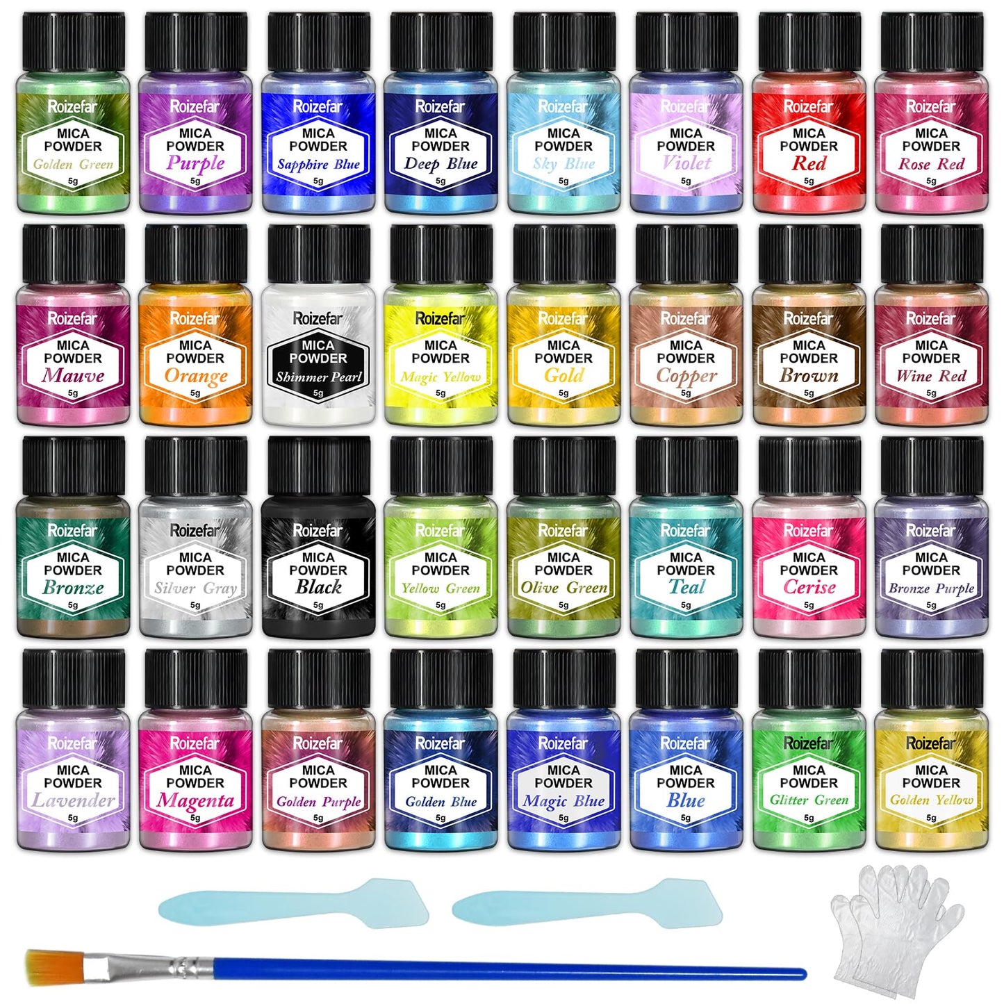 Roizefar Mica Powder, 32 Colours x 5 g Pearlescent Epoxy Resin Pigment Metallic Powder for Soap Paint, Jewellery Making, Nail Polish, Epoxy Resin,