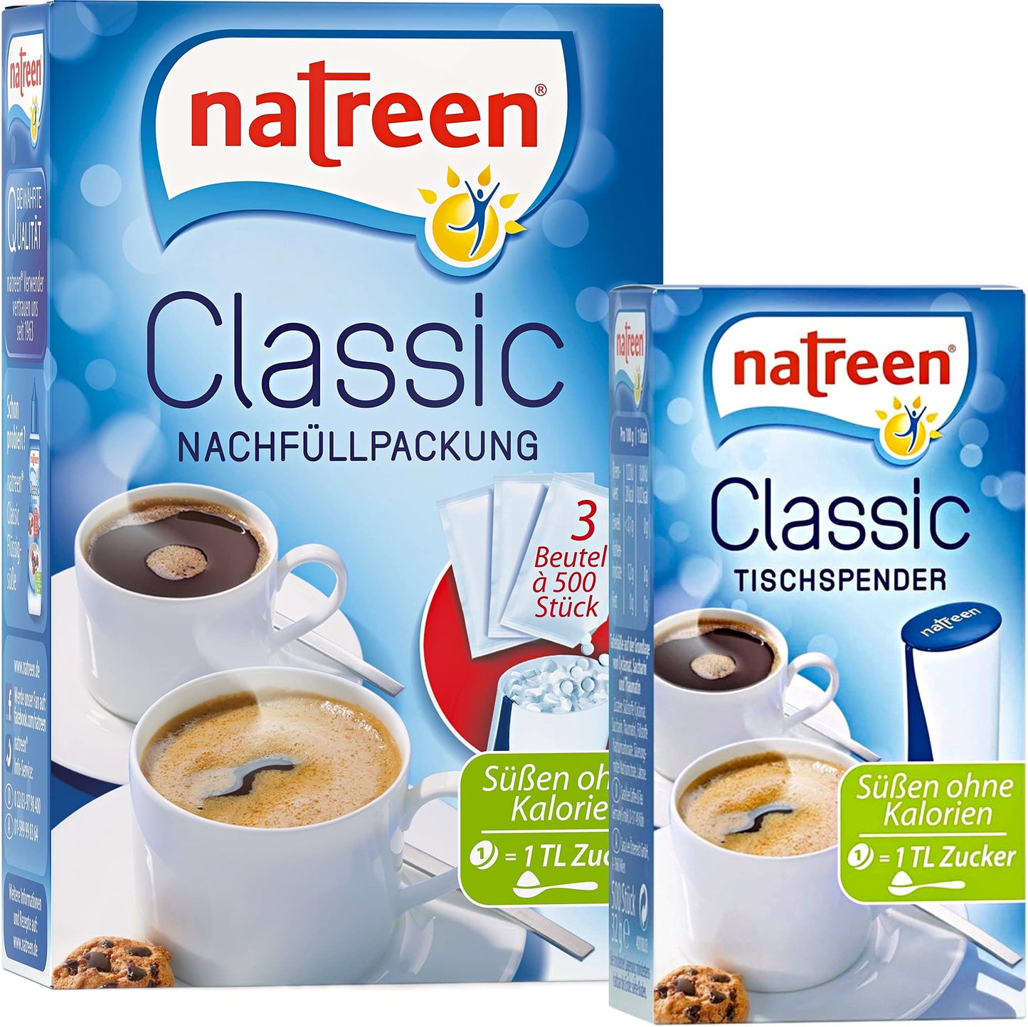NATREEN? Classic Table Dispenser 500 pcs. and Refill Pack 3x500 pcs. - The calorie-free sweetener for coffee and tea / Netherlands