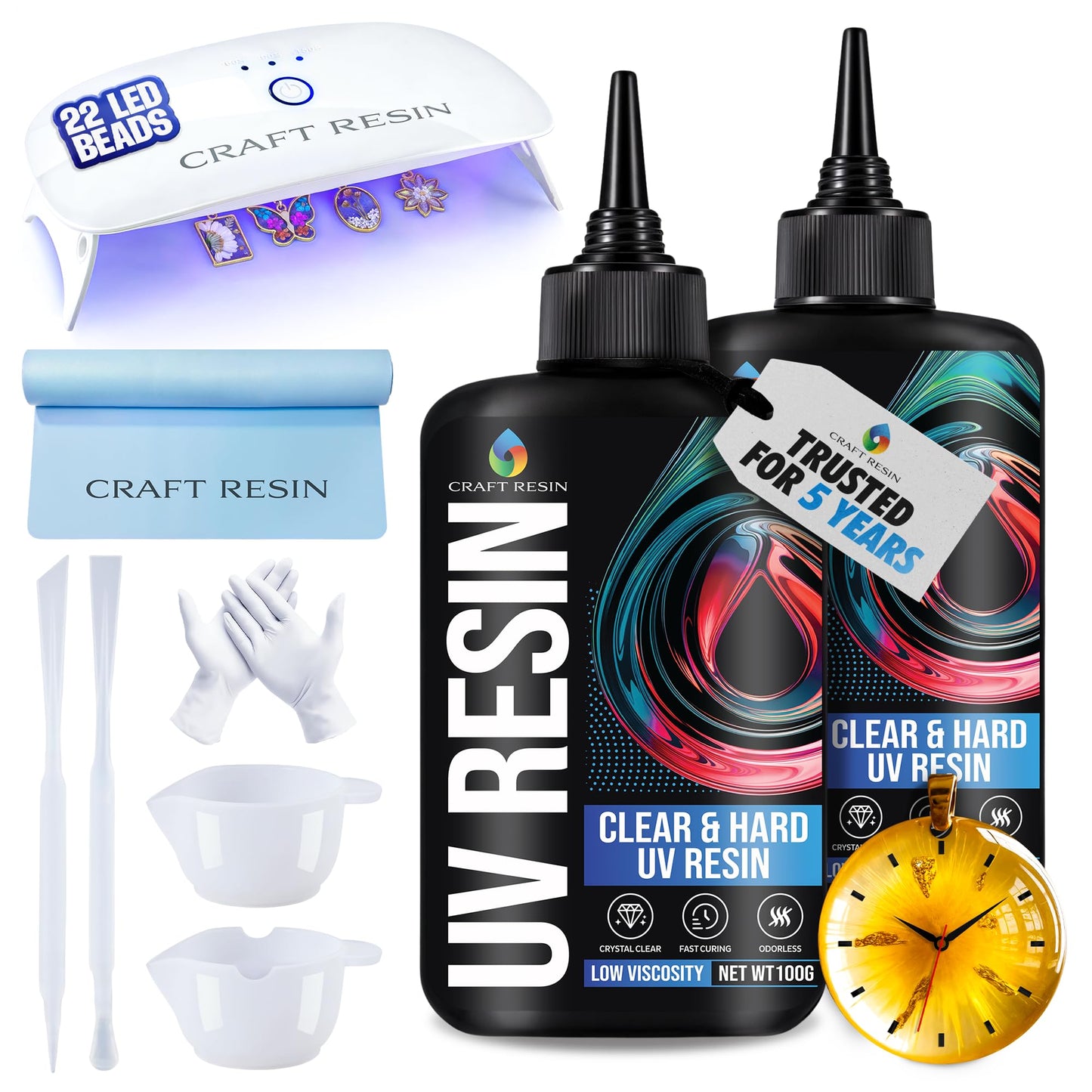 CRAFT RESIN UV Resin Kit with Light - 36W 22 LED Big Lamp and 200g Hard Type Low Viscosity UV Epoxy Resin, Crystal Clear & Non-Yellowing - Starter Kit