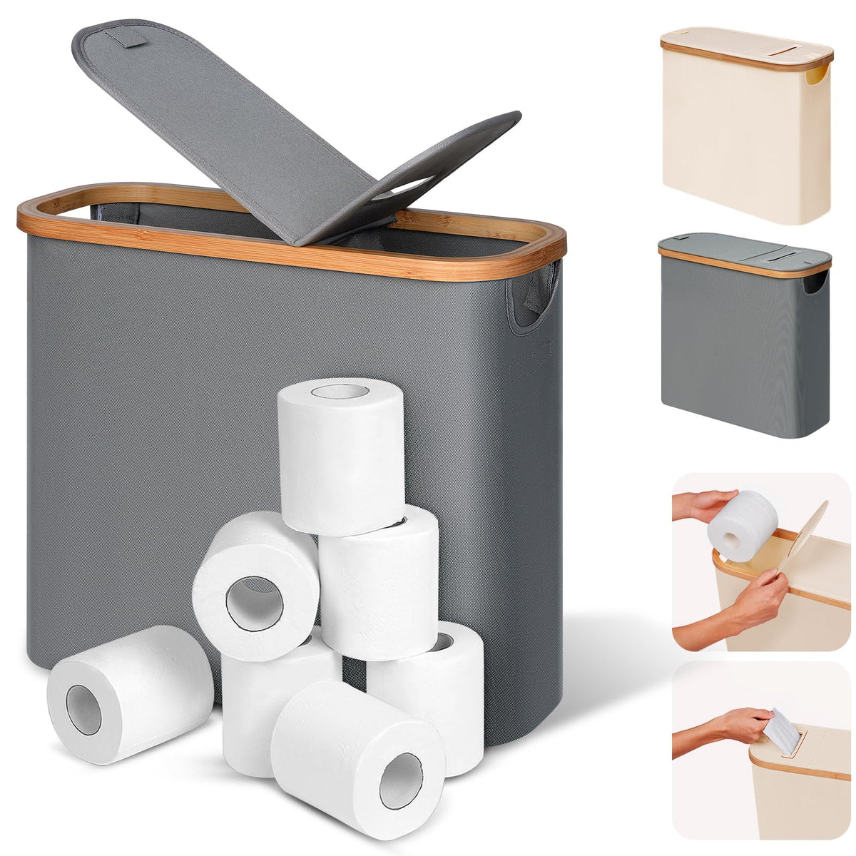 efluky 30L 2-in-1 Toilet Roll Storage with Paper Outlet, Toilet Paper Basket with Lid Bamboo Multifunctional Storage Basket, Toilet Roll Basket for up