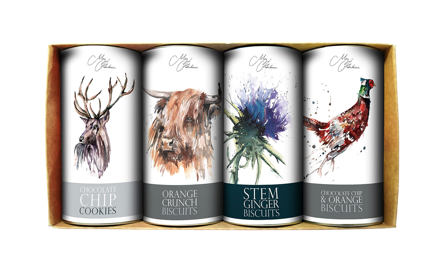 Meg Hawkins - Farrah's of Harrogate, 4 Drum Gift Set - Stag, Cow, Thistle, Pheasant, 4 x 160 g