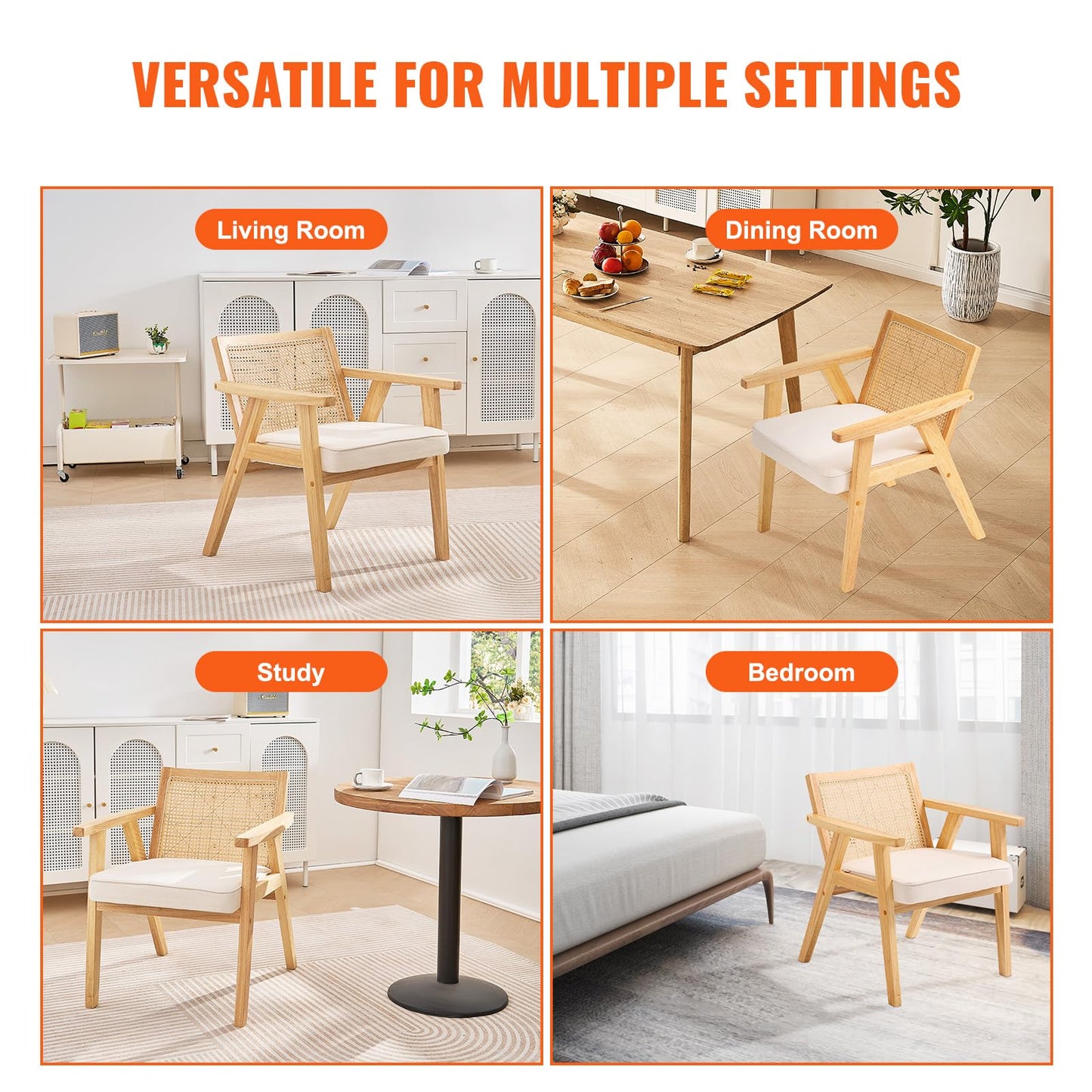 VEVOR Rattan Chair, Mid Century Modern Dining Chair with Armrest, Upholstered Chair with Rattan Back