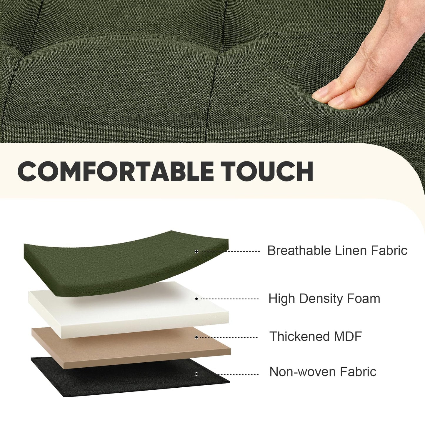 PINPLUS Linen Ottoman Storage Box with Lid, 42x32x32 cm, Olive Green