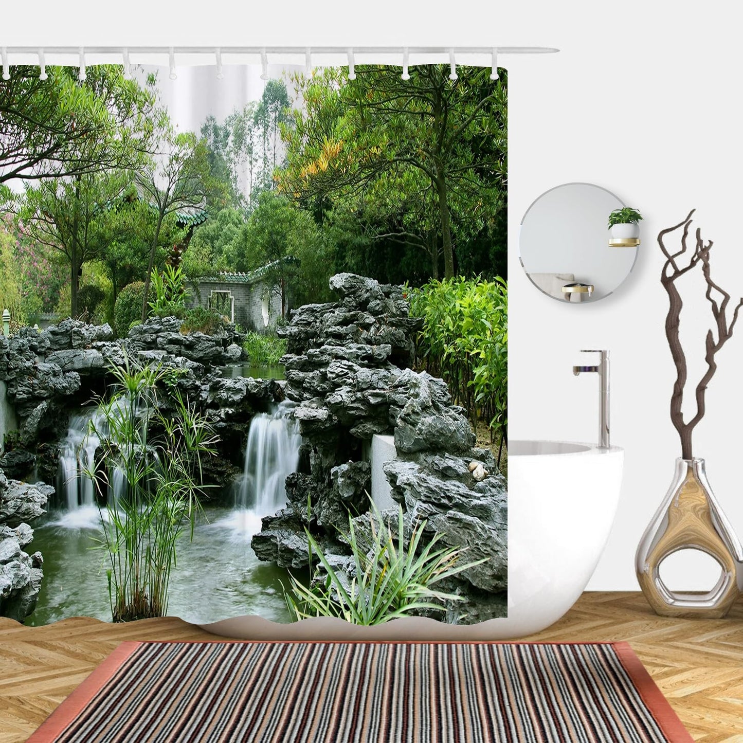 Simpomsy Japanese Shower Curtain Garden Shower Curtain Outdoor Pattern Bathroom Curtain Scenic Shower Curtains Garden Waterproof Polyester Fabric