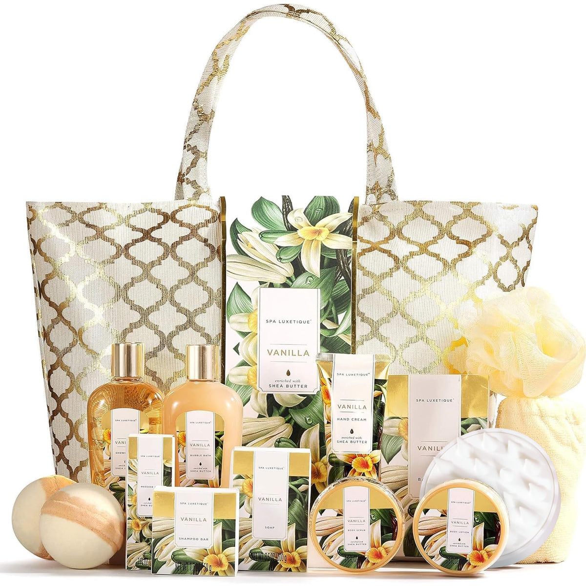 Spa Luxetique Bath Sets for Women Gift, 15pcs Vanilla Spa Gift Sets with Bubble Bath, Body Scrub, Pamper Gifts for Women, Mothers Day Gift for Mum,