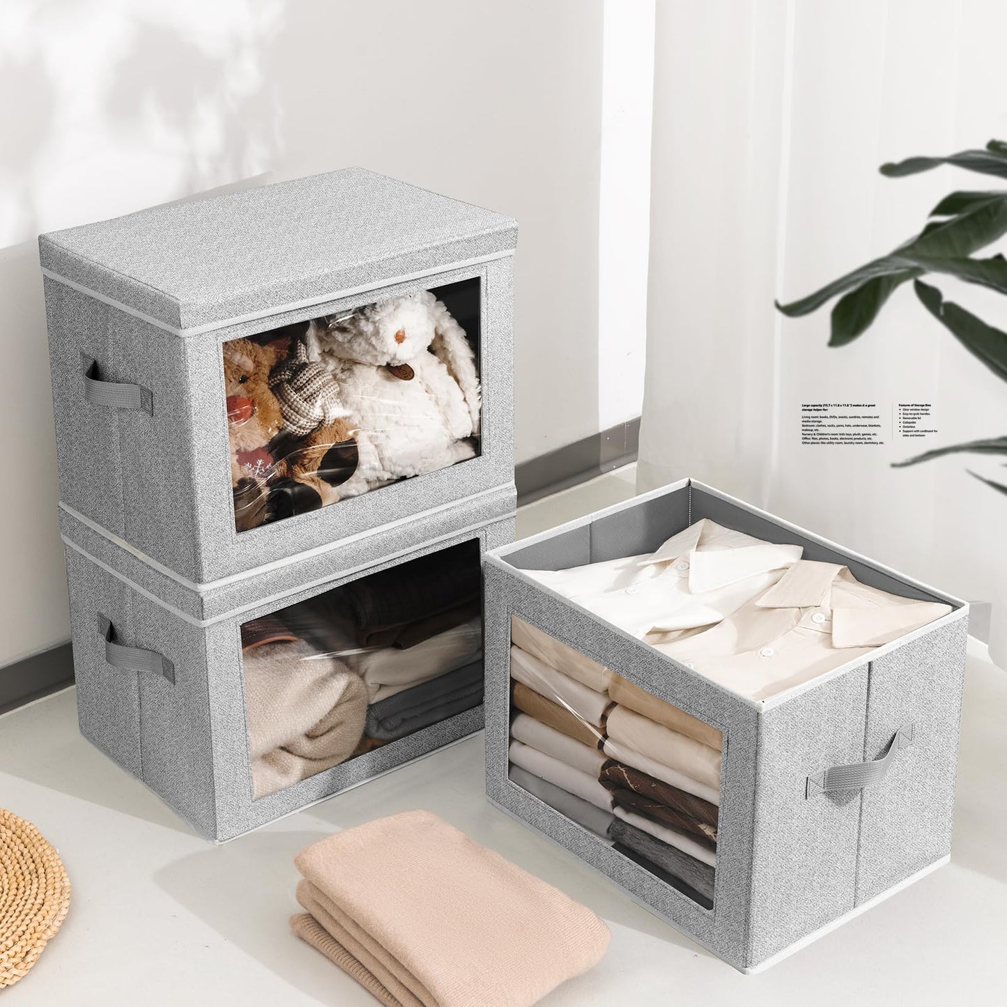 Homsorout 3 Pack Storage Boxes with Lids Foldable Storage Cubes with Transparent Window Fabric Storage Organiser Box for Toys, Clothes, Books