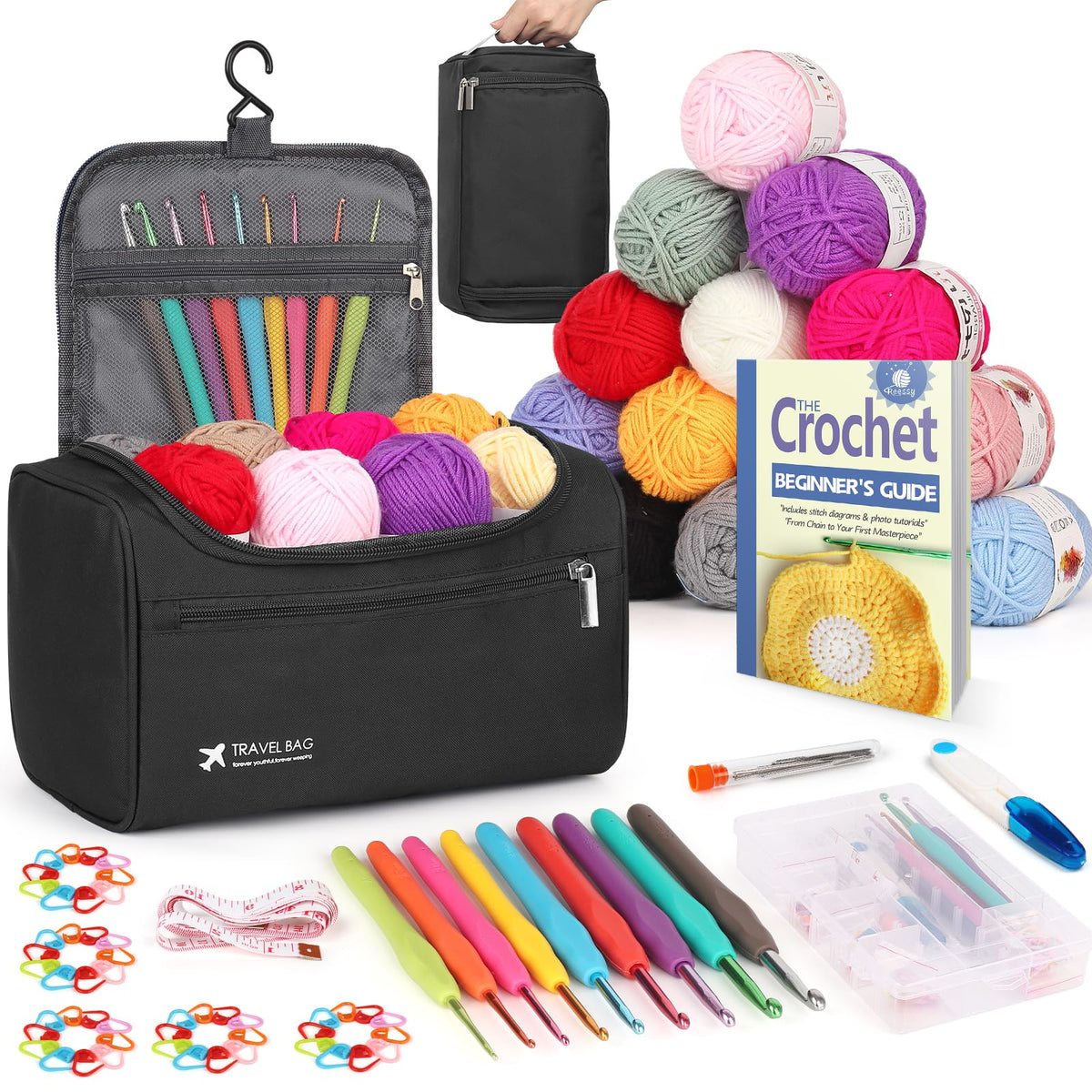 Reessy Crochet Kit, 88PCS Crochet Kits for Beginners Adults include Instructions Crochet Hooks 15Pcs ? 25g Yarn Storage Bag and Knitting Accessories,