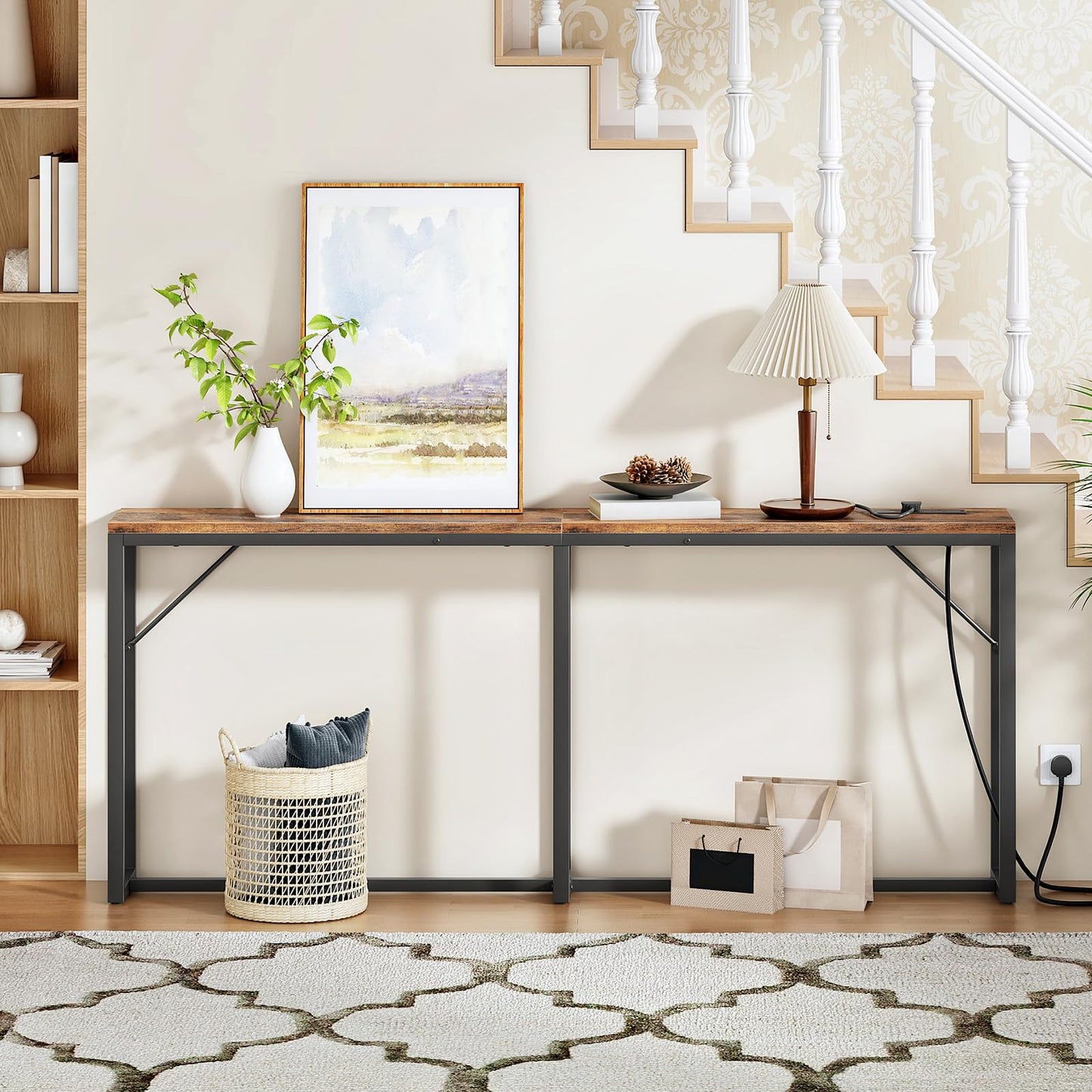 HOOBRO Slim Console Table with Charging Station, 180 cm Long Narrow Behind Sofe Table, Industrial Hallway Table, for Entryway, Living Room
