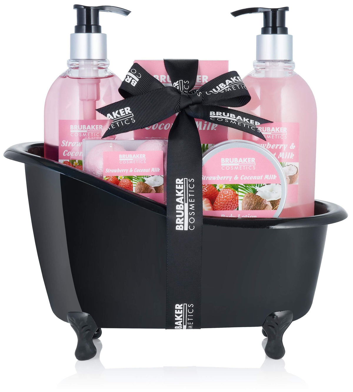 BRUBAKER Bathing Gift Set Strawberry Coconut with Deco Bathtub Black 9 Pieces
