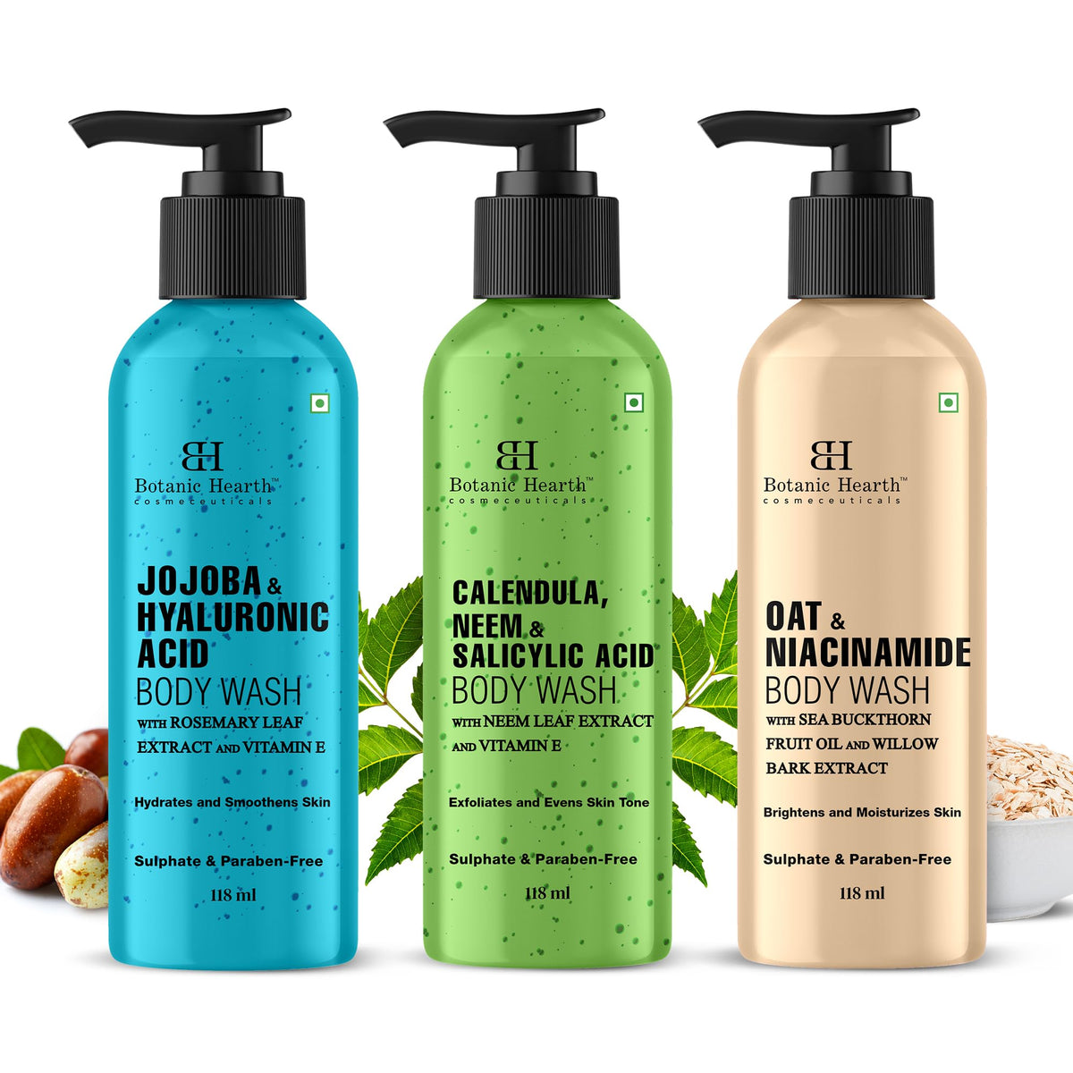 Botanic Hearth Sparkling Shower set | Pack of 3 Body Washes (Calendula Neem, Oat and Niacinamide, Jojoba) 2 fl oz each