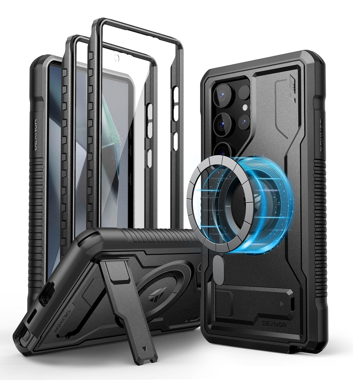 Dexnor Magnetic Case for Samsung Galaxy S24 Ultra Case with Adjustable Kickstand & 2 Front Frames & Built-in Screen Protector, MagSafe Compatible