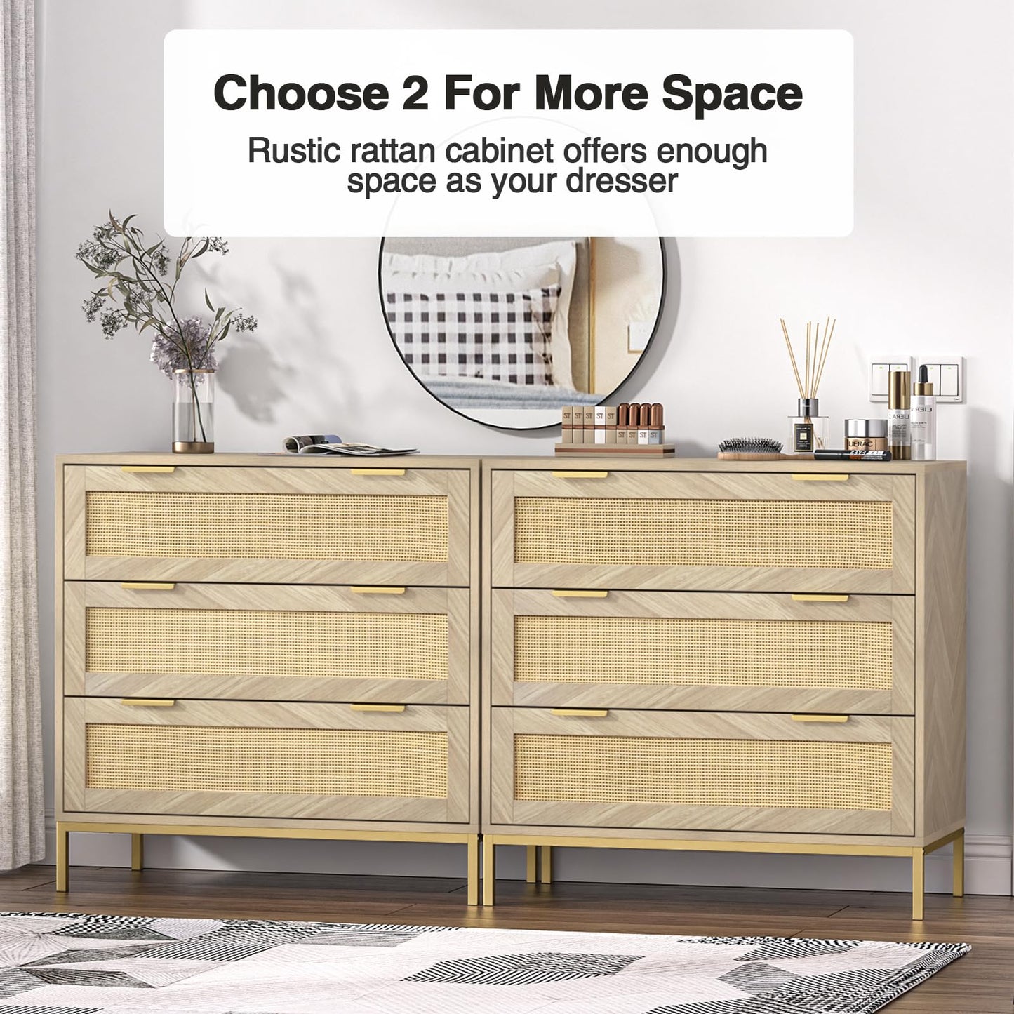 Yvsevnr Rattan Bedroom Dresser Chest of Drawers Anti-Tipping Wooden Herringbone Closet Dressers Large Nightstand Metal Handles Bedside Storage