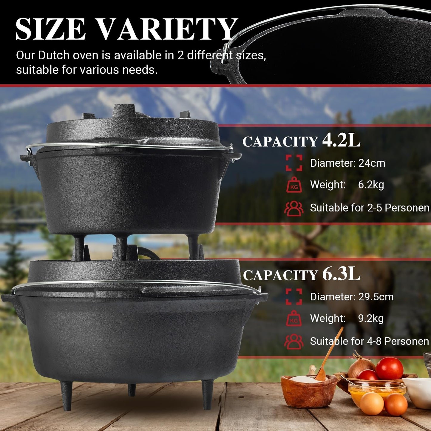 OVERMONT 5.7L/6 Quart(Pot body+lid) All-Round Dutch Oven Dual Function Lid Griddle with Lid Lifter Camping Pre Seasoned Cast Iron Pot