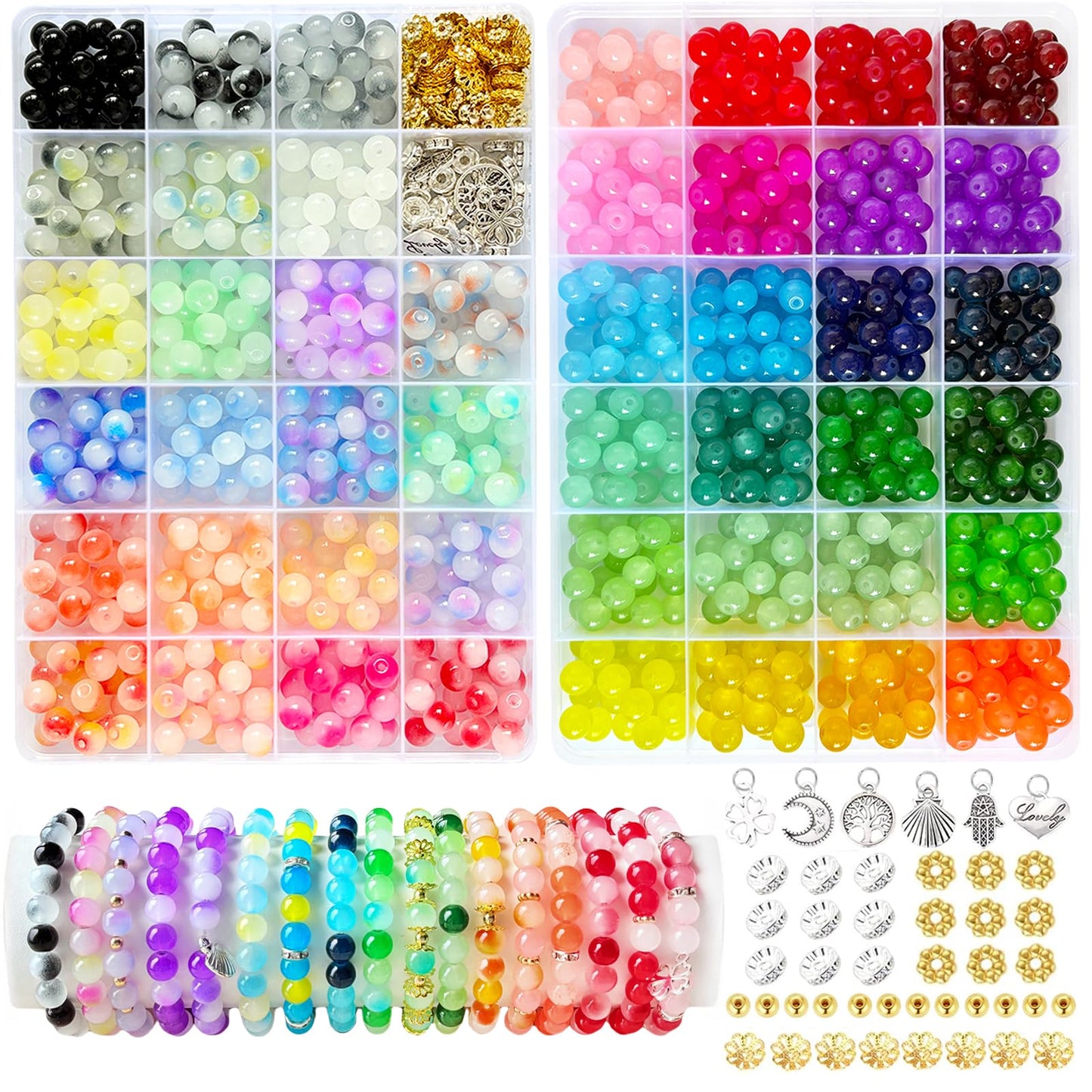 MATVHRUI 1100Pcs Glass Beads for Bracelet Making, 46 Colors 8mm Crystal Gemstone Imitative Jade Bead for Jewelry Making, Coloured Beads for Bracelet