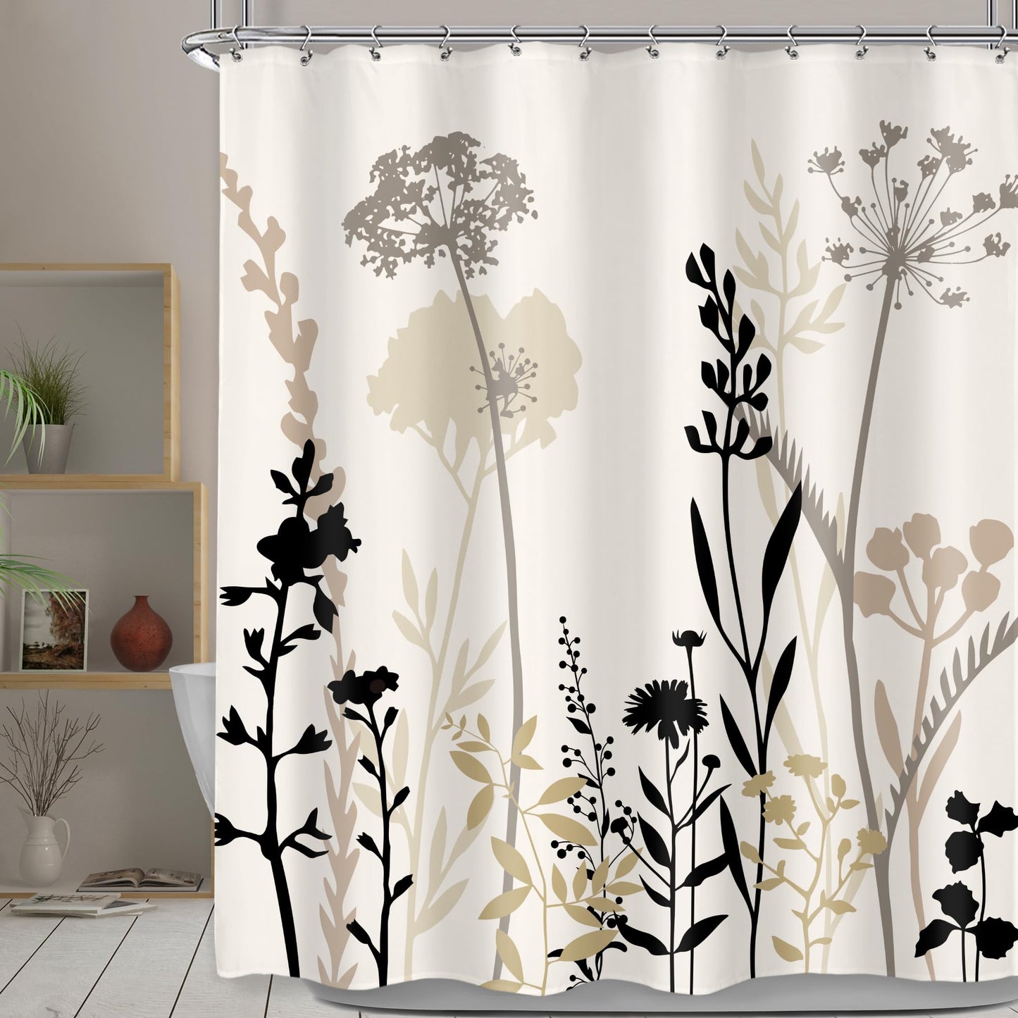 Omifly Beige Shower Curtain Cream Floral 60x72 Taupe Brown Silhouette Flower Rustic Boho Wildfloral Leaves Plants Botanical Vintage Bathroom Set 12