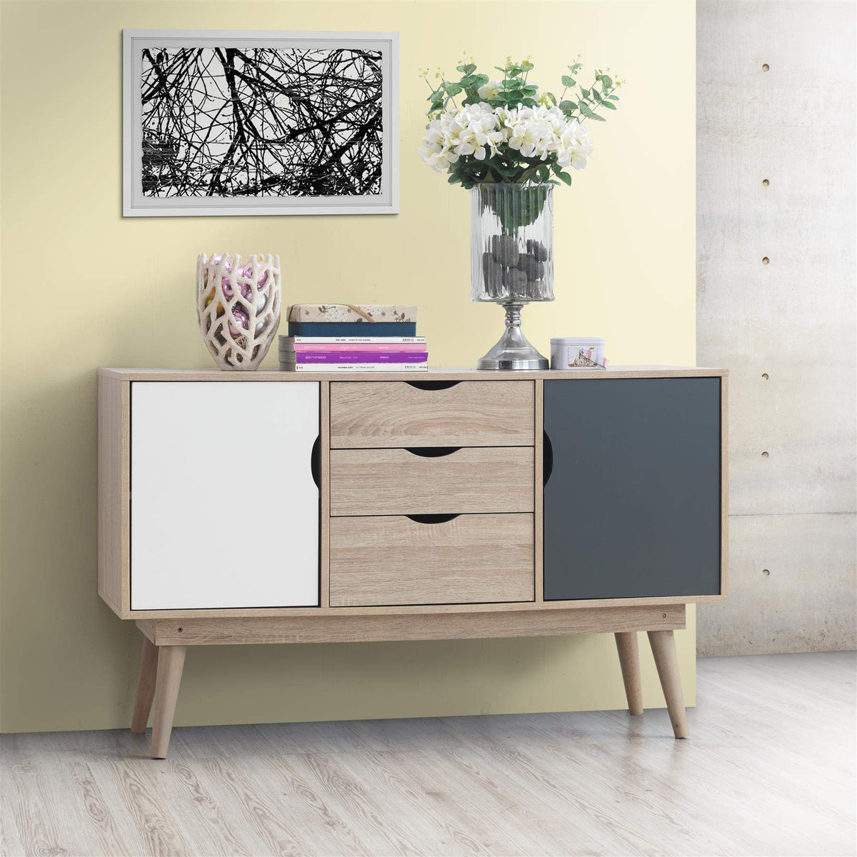 Timber Art Design UK Alford Sideboard Storage Cupboard with 2 Doors & 3 Drawers Compact Organizer Unit For Dining Room, Living Room in Sonoma Oak Wood