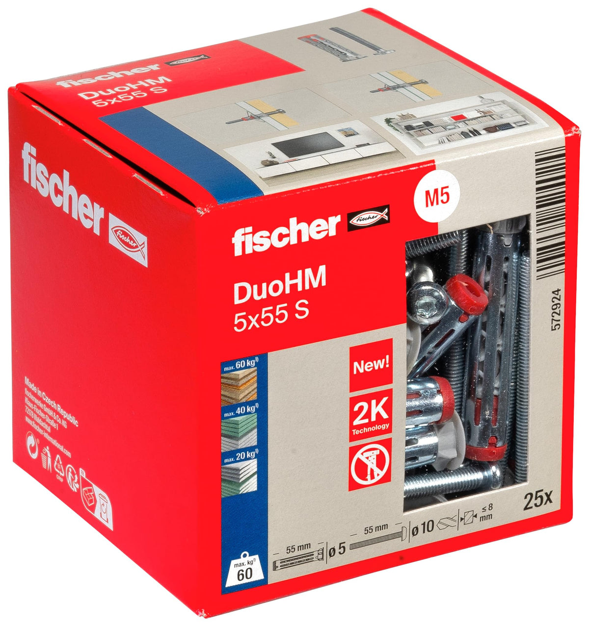 fischer DuoHM 5 x 55 S TX Cavity Dowels with Metric Panhead Screw and TX Drive for Fixing TV Brackets, Lights, Wall Shelves, etc. in Panel Building
