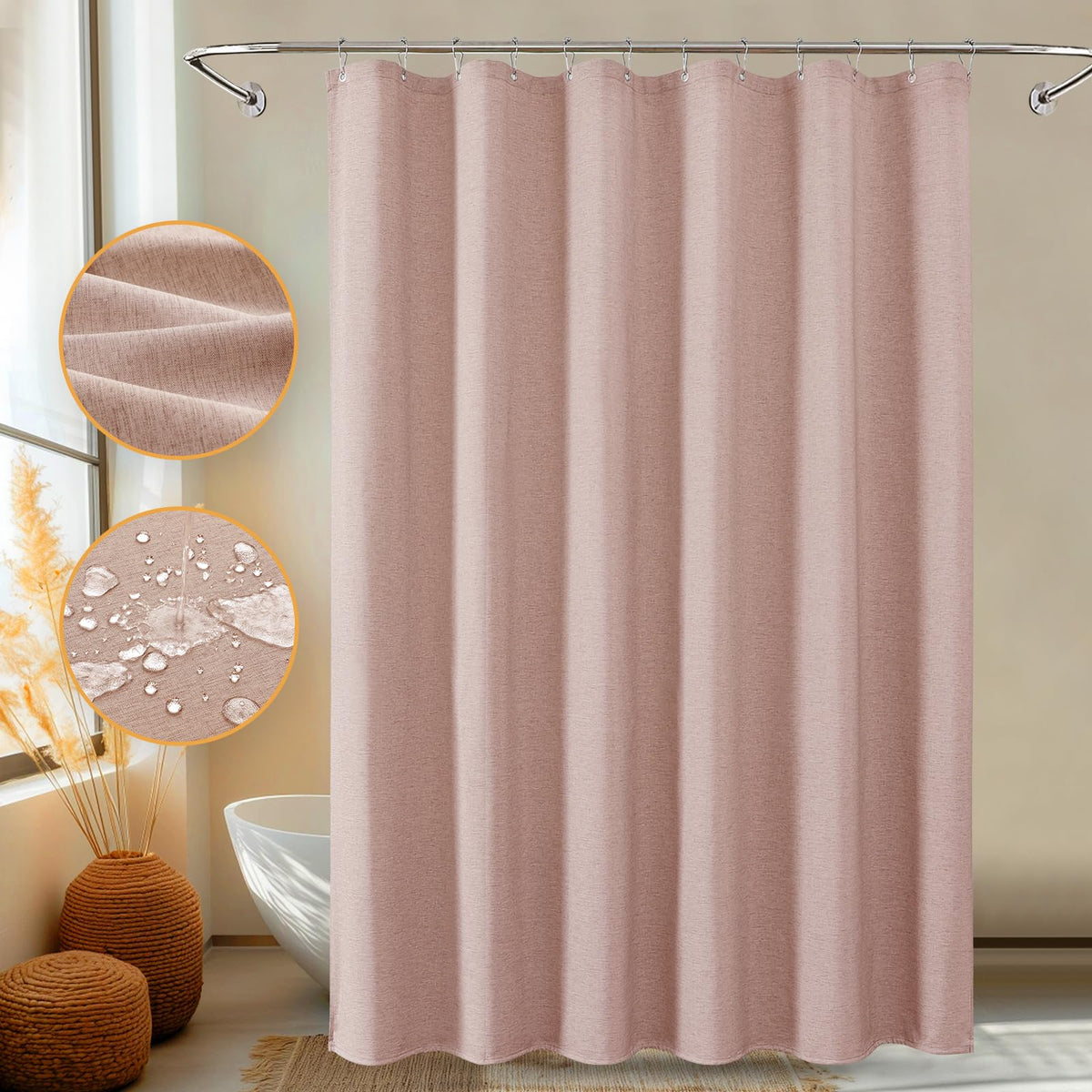 FY&XZH Linen-Texture Fabric Shower Curtain Set with Stainless Steel Hooks, 230 GSM Heavy Luxury Weighted Bath Curtain, Water-resistant & Washable